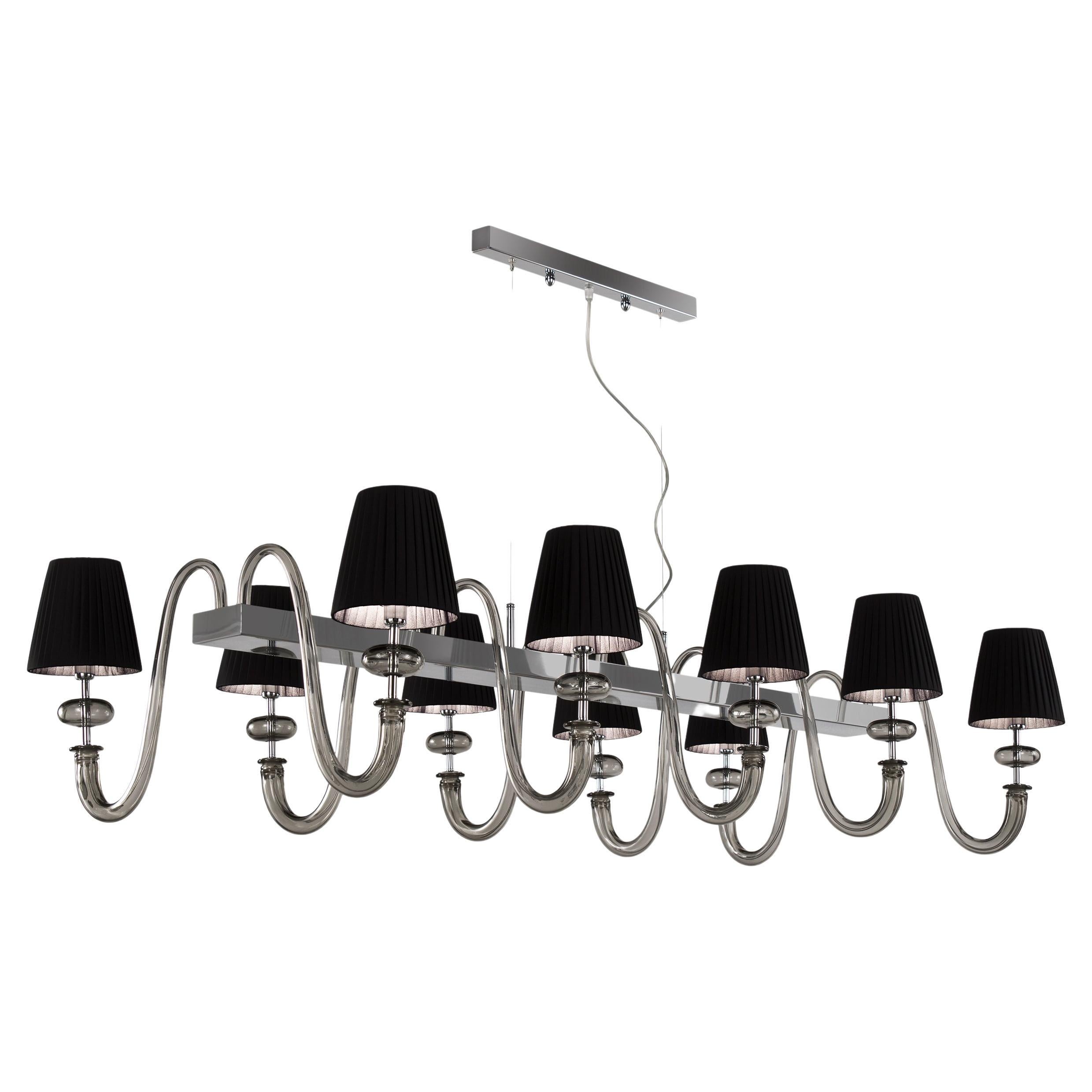 Hanging Lamp 10 Arms Light Grey Murano Glass, Black Lampshades by Multiforme For Sale