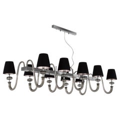Hanging Lamp 10 Arms Light Grey Murano Glass, Black Lampshades by Multiforme