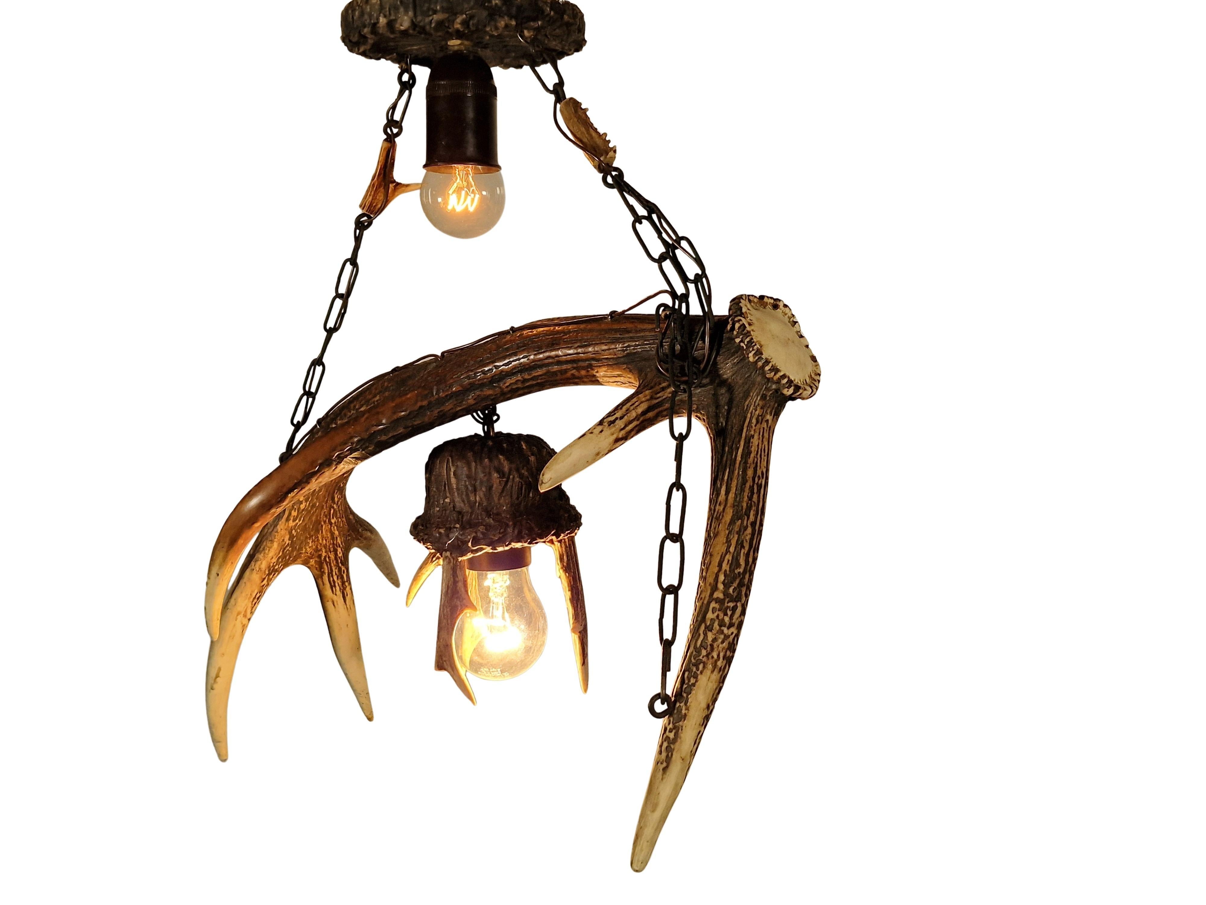 Lámpara colgante, araña, óptica de cuerno de ciervo, arte popular vagabundo, 1900, Austria en venta 2