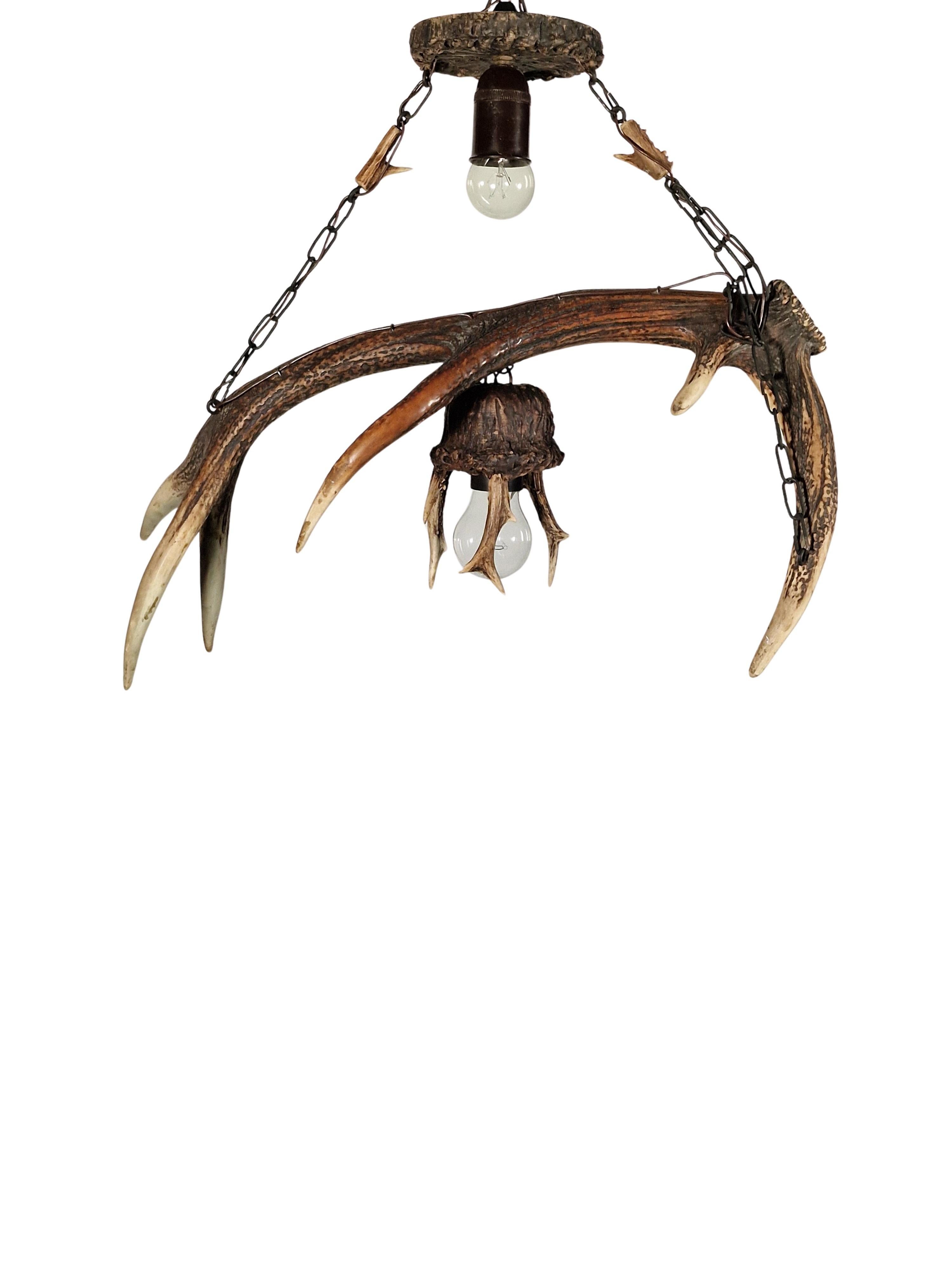 Araña muy decorativa, lámpara colgante, con un maravilloso aspecto de cuerno de ciervo entero, fabricada en Austria hacia 1900. 
Es probable que el objeto se haya fabricado en Austria o en el sur de Alemania  de la región de Schwarzwald. 

El objeto