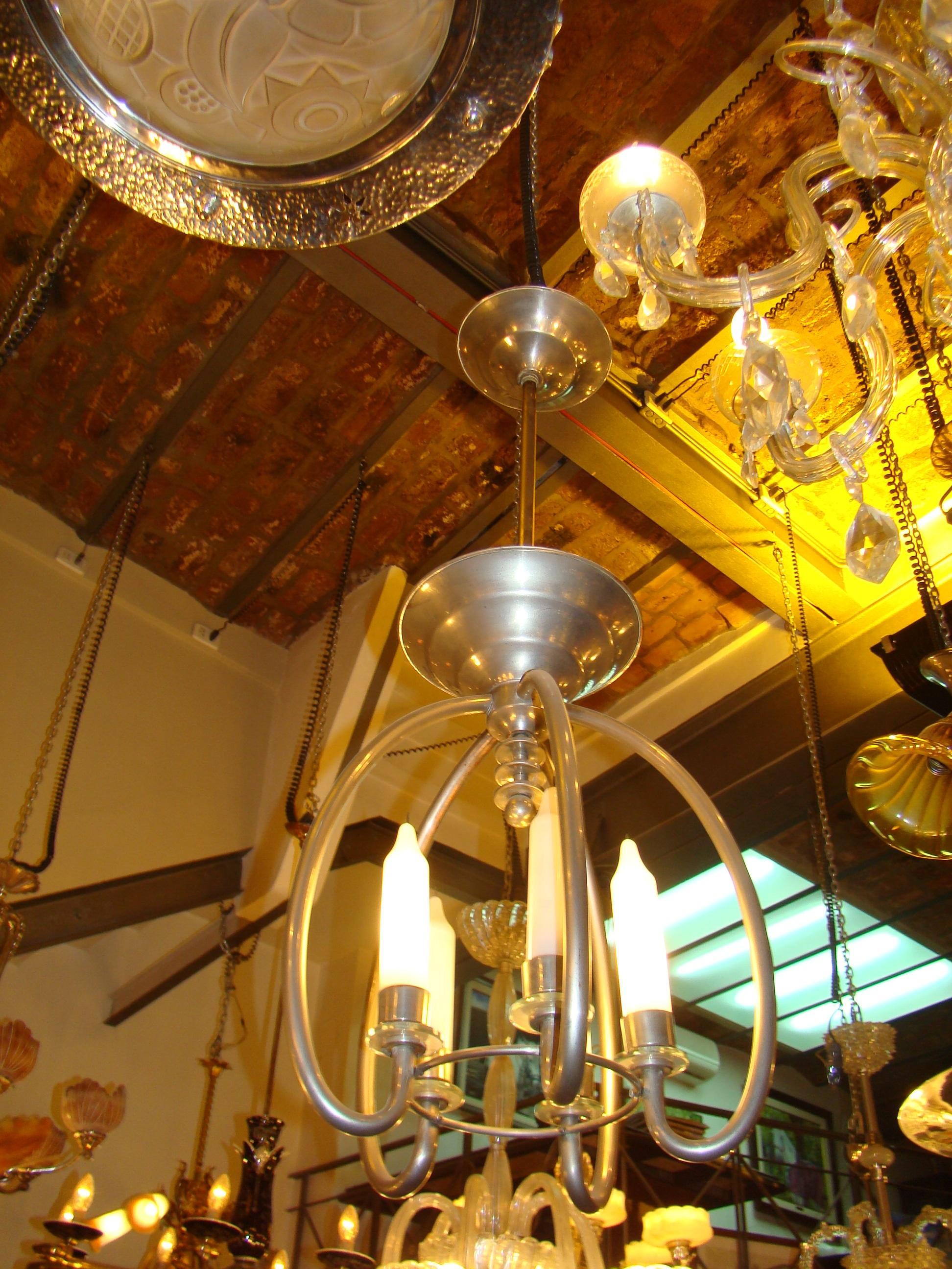 Lampe à suspension allemande en opaline et bronze chromé, 1920, style Art Déco en vente 1