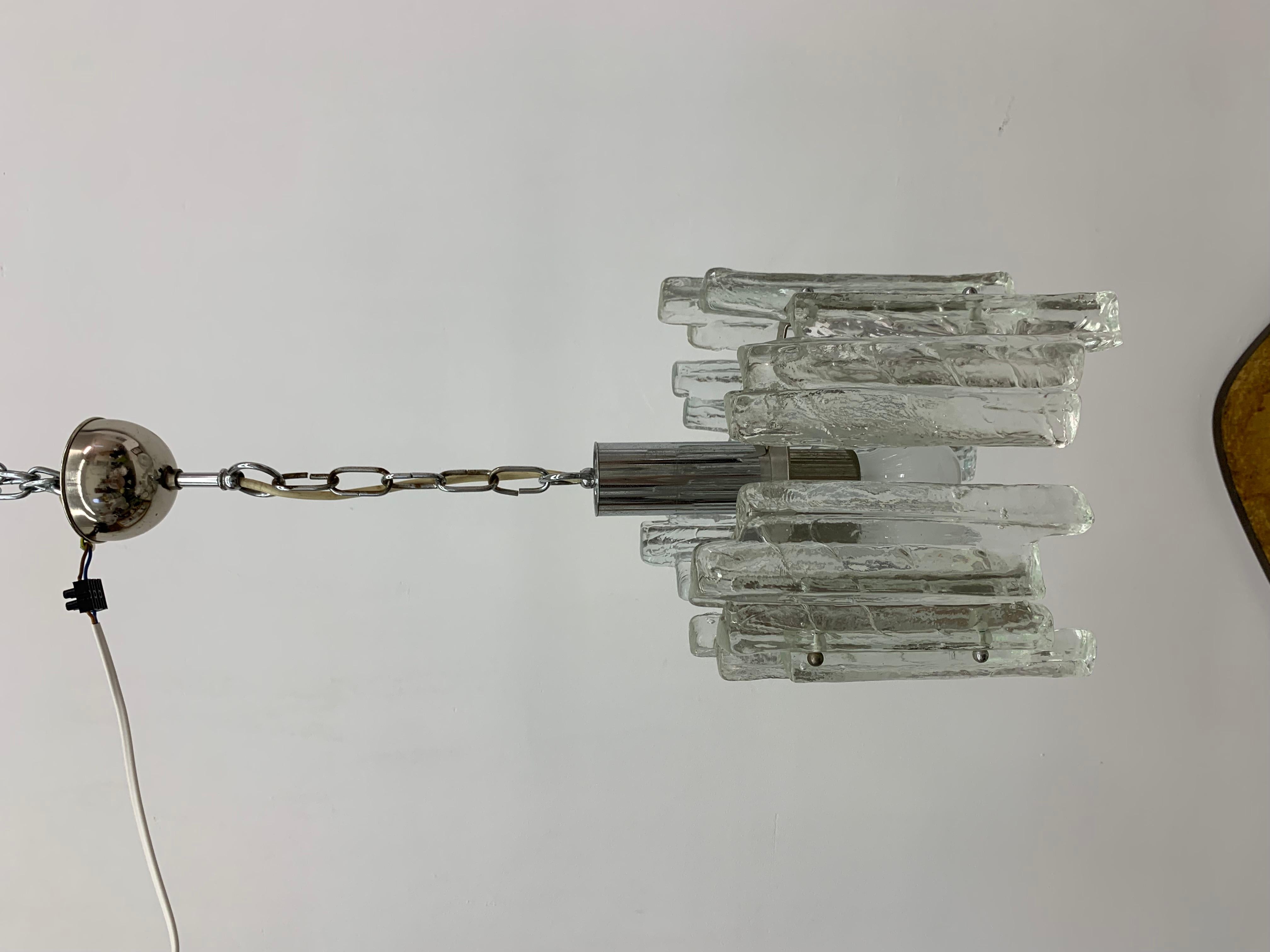 Metal Hanging lamp in Frosted Ice Glass by J. T. Kalmar for Kalmar Franken KG, 1960s For Sale