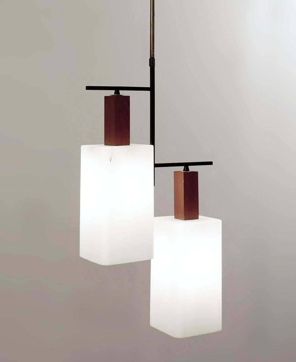 Mid-Century Modern Hanging Lamp in Teak and Opaline, 1960s 1