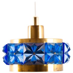 Hanging Lamp of Brass and Blue Glass, Erik Hoglund, Sweden