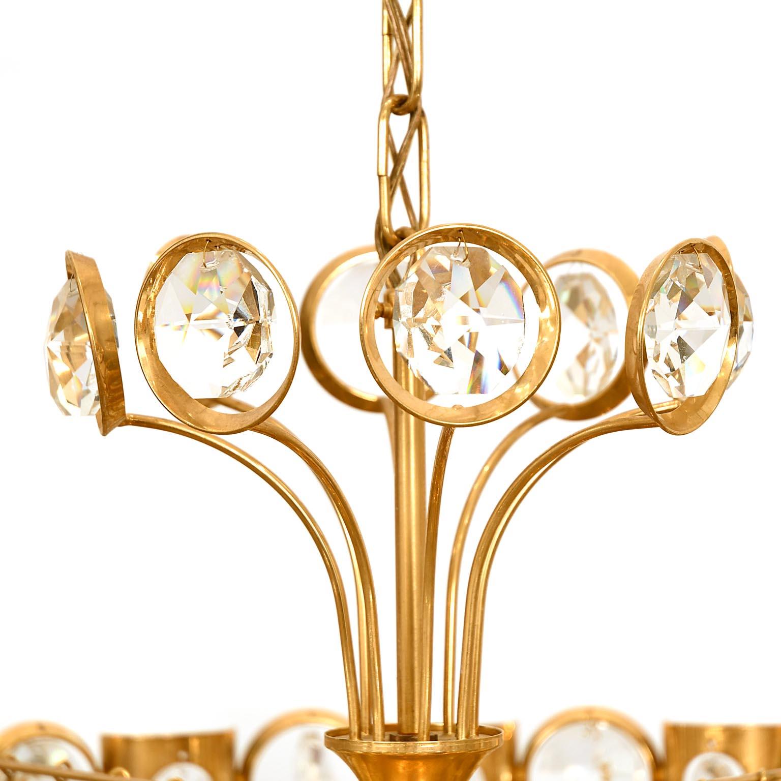 Hanging Lamp Palwa Germany 1970 Midcentury Brass Crystal Chandelier 4