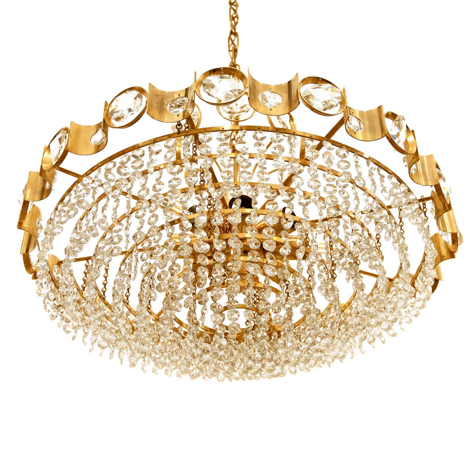 Hanging Lamp Palwa Germany 1970 Midcentury Brass Crystal Chandelier In Good Condition In Vienna, AT