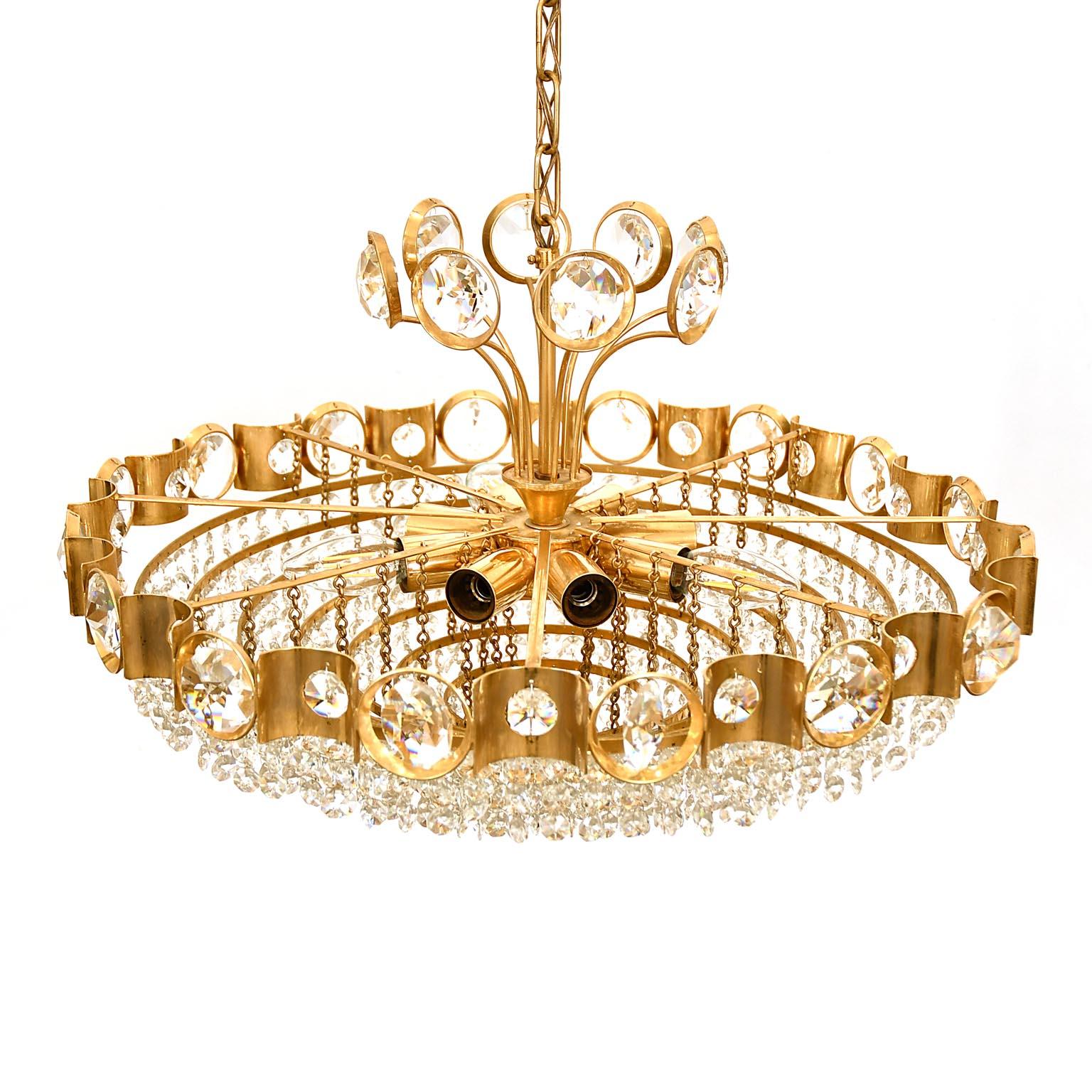 Late 20th Century Hanging Lamp Palwa Germany 1970 Midcentury Brass Crystal Chandelier
