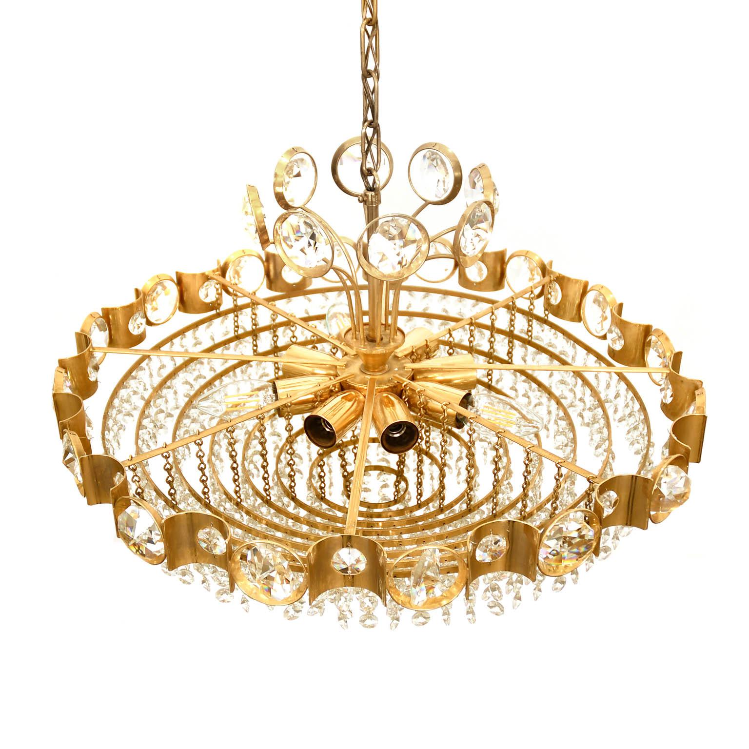 Hanging Lamp Palwa Germany 1970 Midcentury Brass Crystal Chandelier 2