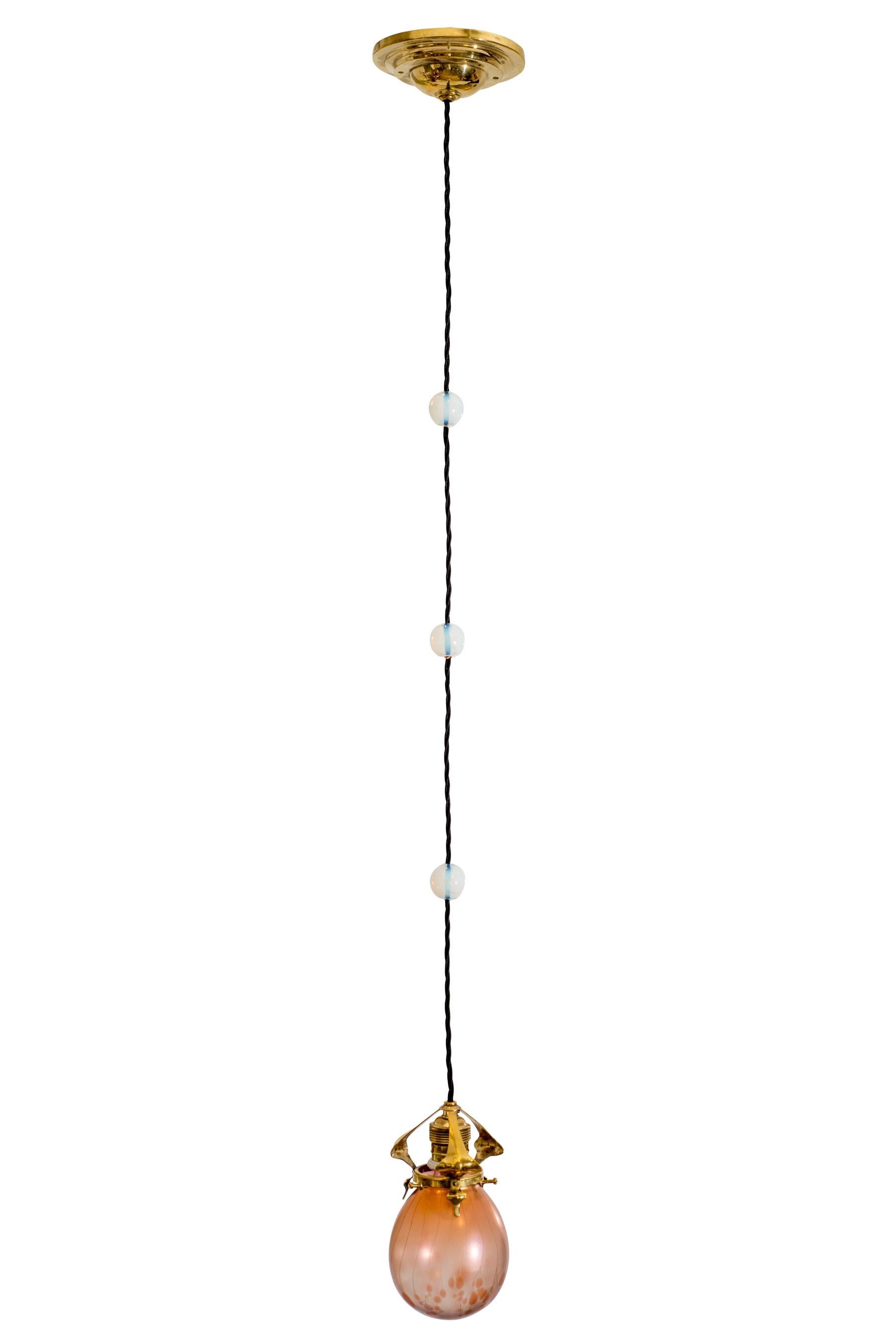 Brass Hanging Lamp Pendant Loetz Glass German Jugendstil circa 1901 Orange