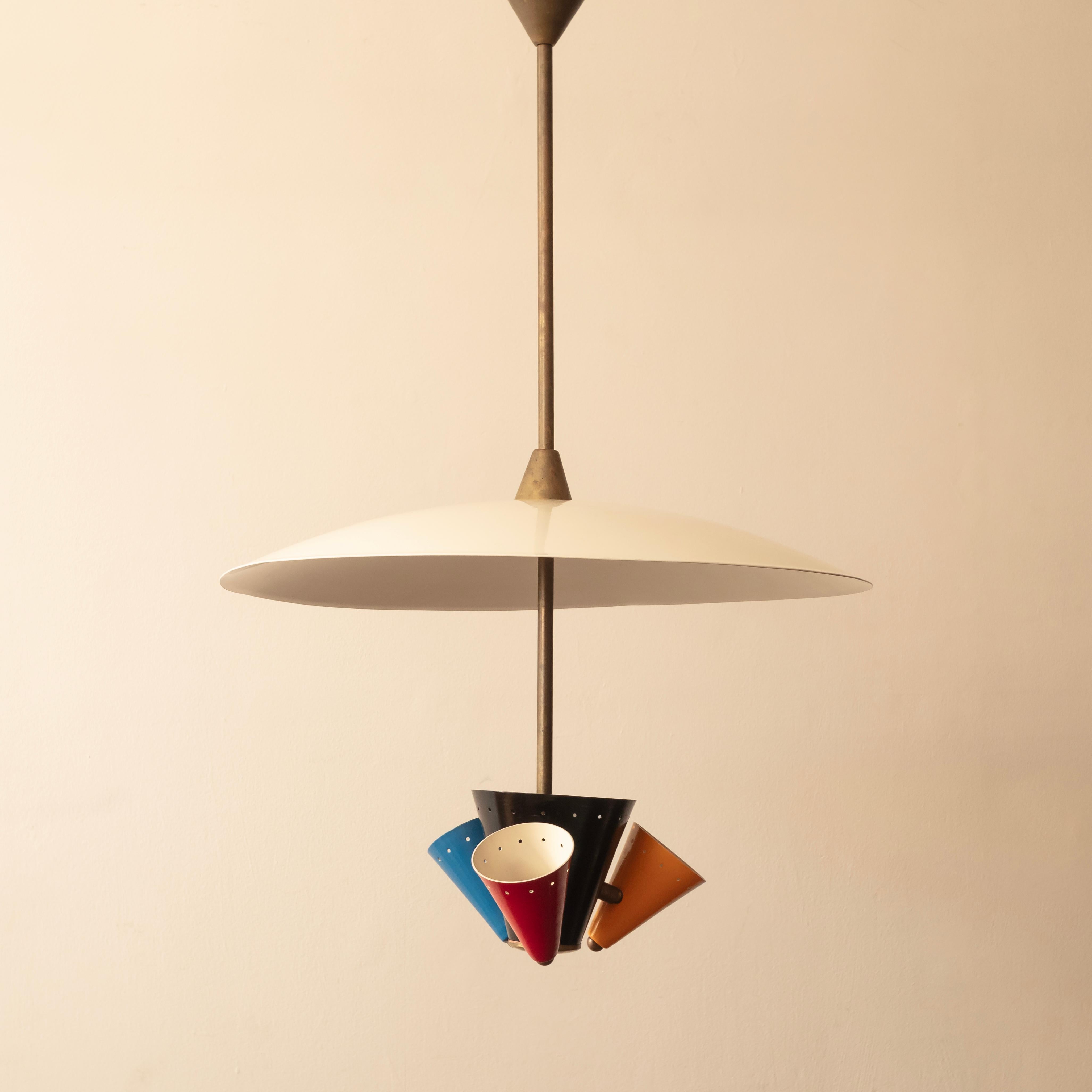 A charming small scale hanging light, three different coloured articulated fittings from a black bucket shaped holder. 
French 1950s 
W:55cm x H: 85cm
Cleaned and rewired. 
