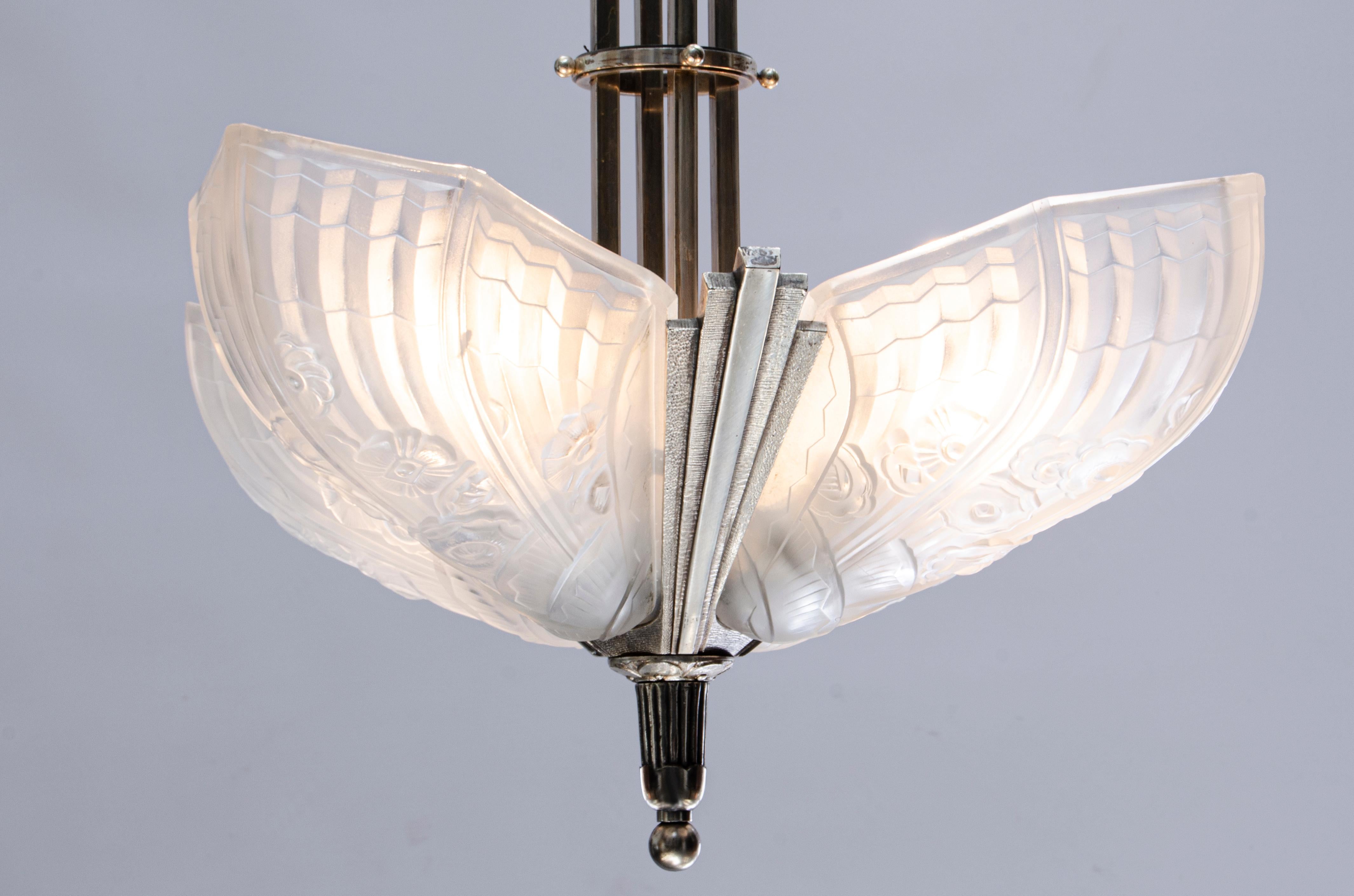 French Hanging light with glass shades by EJG For Sale