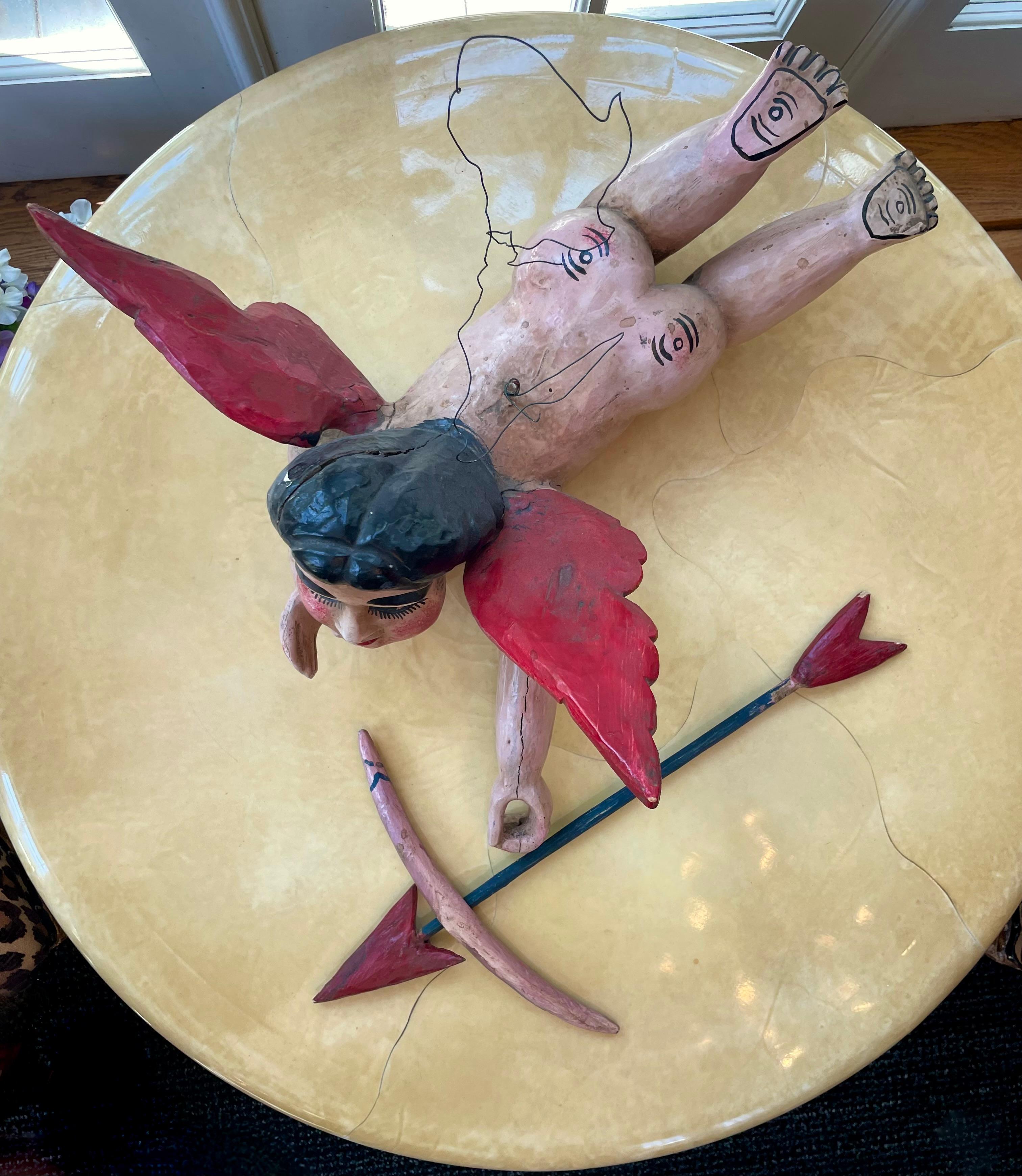 Hanging Mexican Wooden Cupid with Bow In Good Condition For Sale In Los Angeles, CA