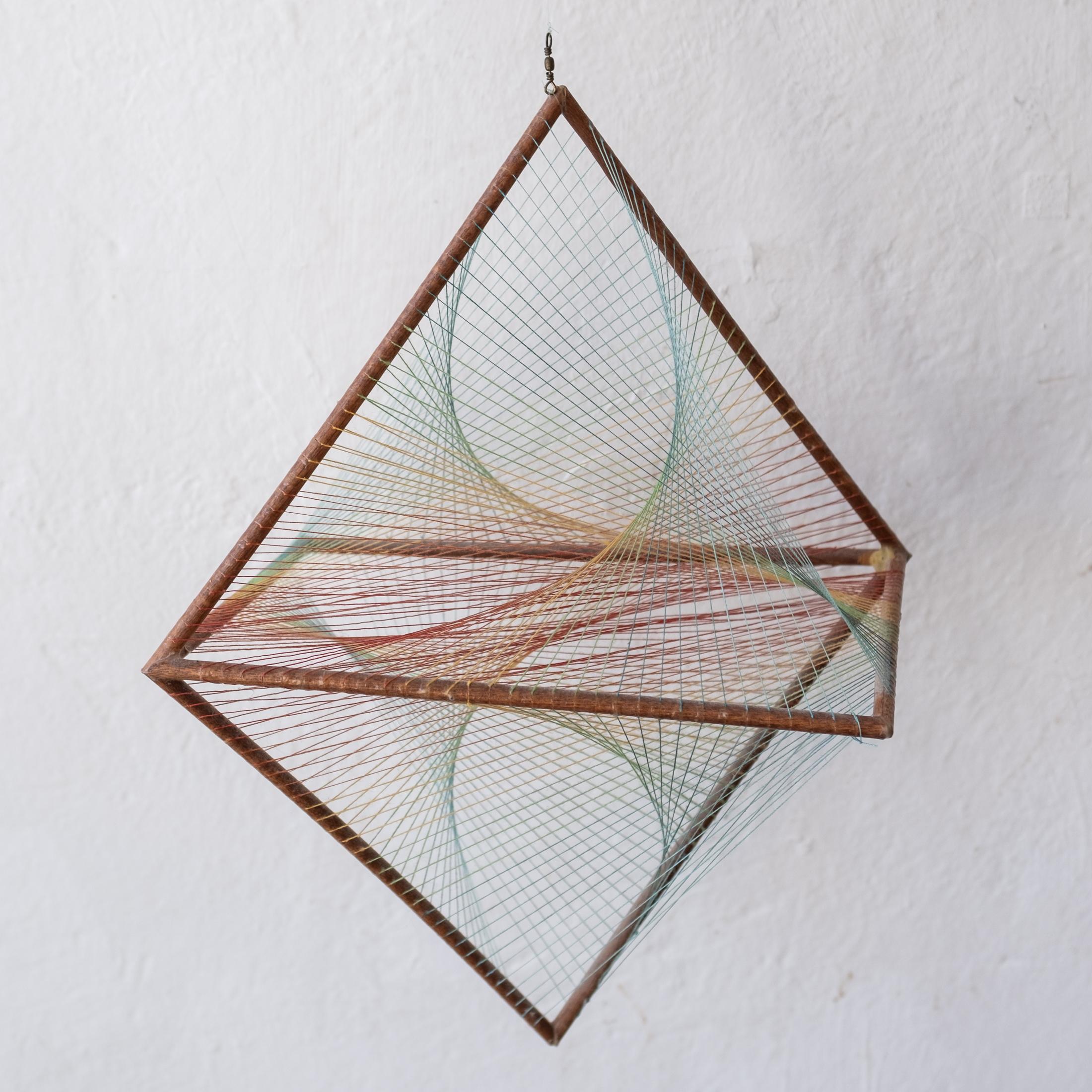 Hanging Mid Century Fiber and Wood Kinetic Sculpture 1960s In Good Condition For Sale In San Diego, CA