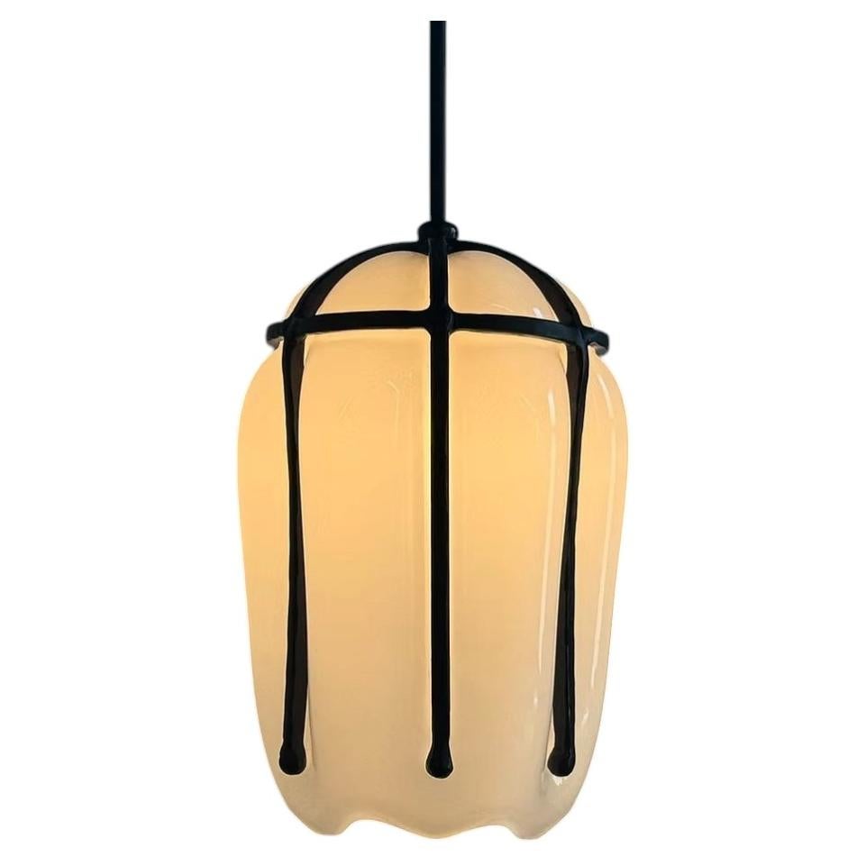 Hanging Pendant Caged Light Sculpture Hand-Blown Glass Blackened Steel - Medium