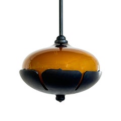 Hanging Pendant Light Sculpture Contemporary Hand-Blown Glass Blackened Steel