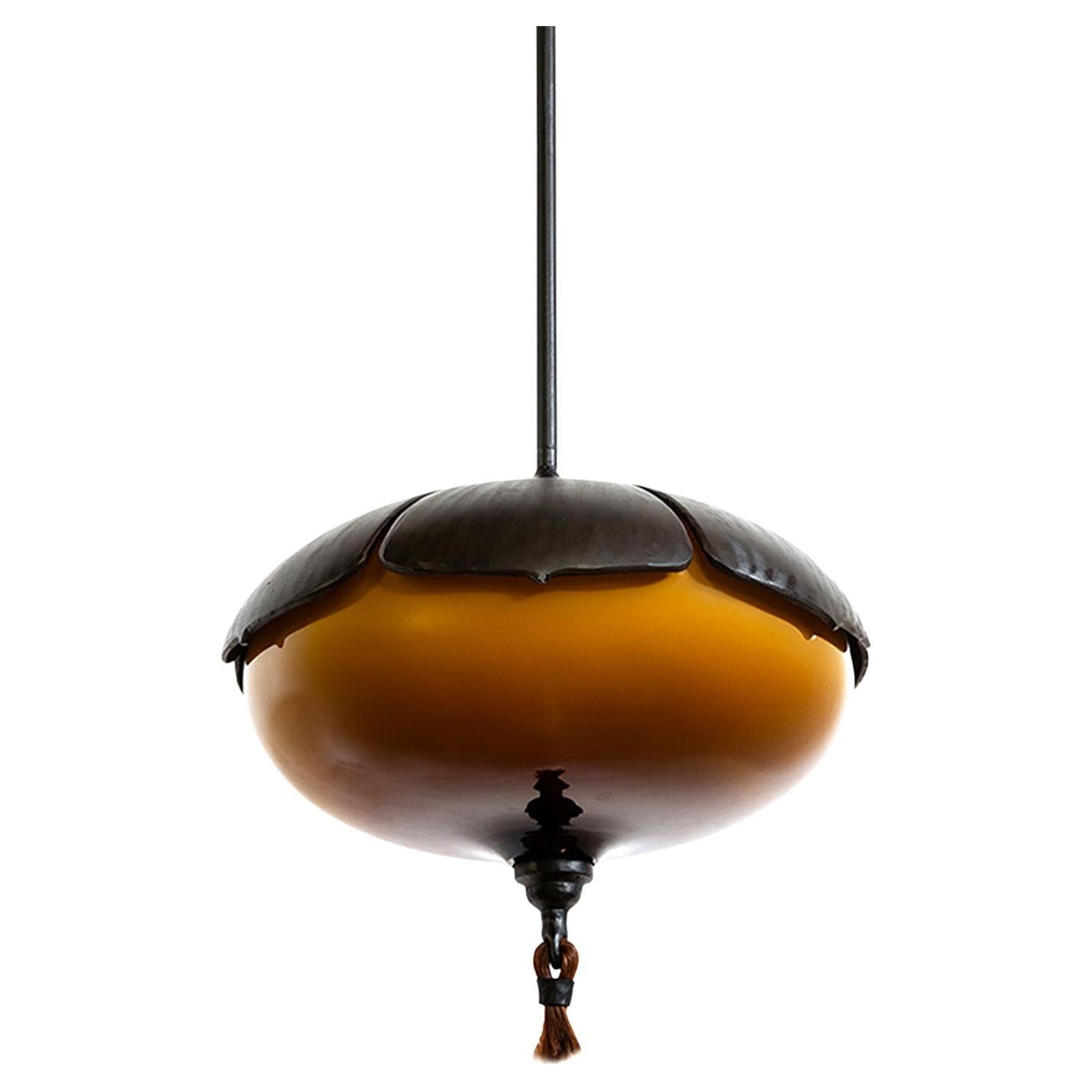 Hanging Pendant Light Sculpture Contemporary Hand-Blown Glass Blackened Steel For Sale
