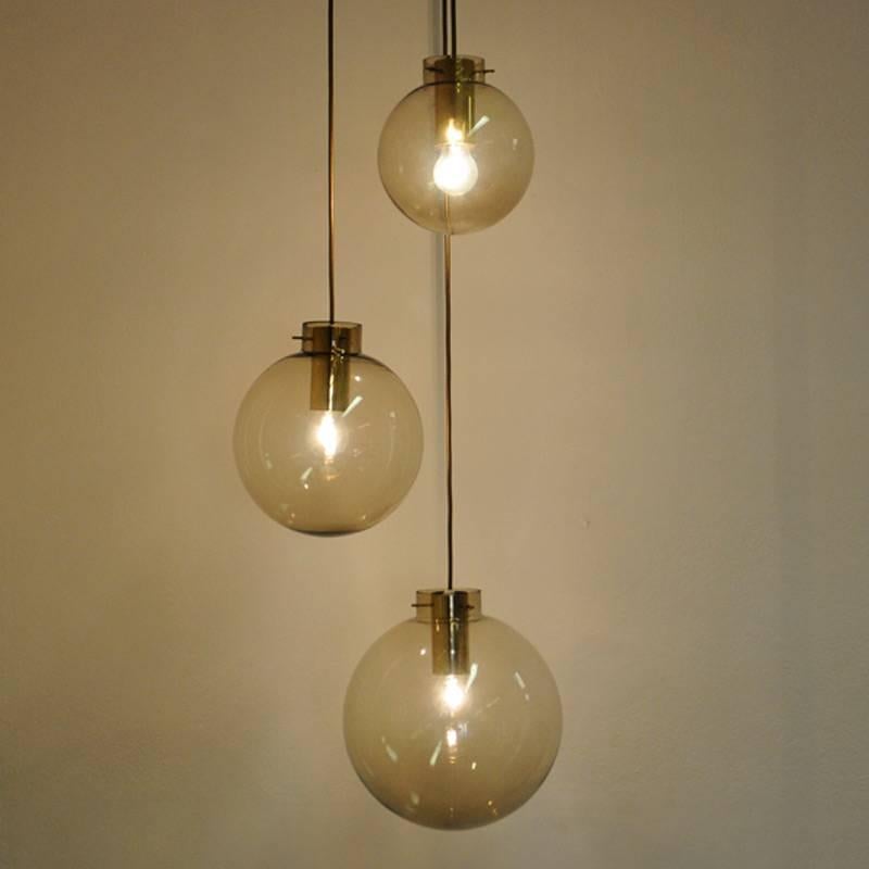 Brass Hanging Pendant with Three-Glass Domes of Different Sizes, Norwegian, 1960s