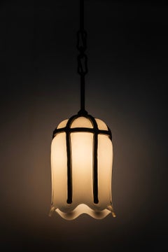 Hanging Pendant Cage Light Sculpture Hand-Blown Glass Blackened Steel