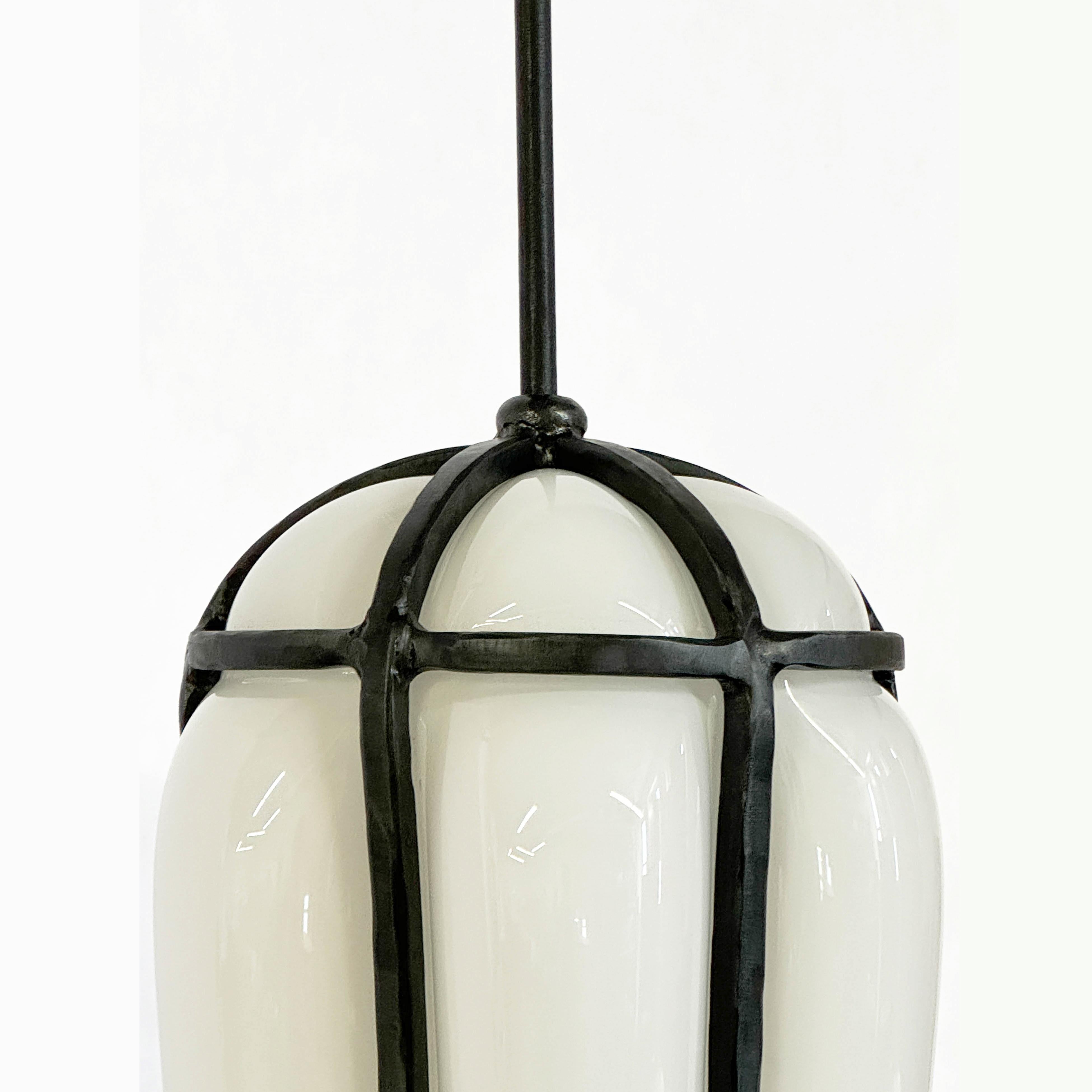 Modern Hanging Pendent Lantern Sculpture Contemporary Hand-Blown Glass Blackened Steel For Sale