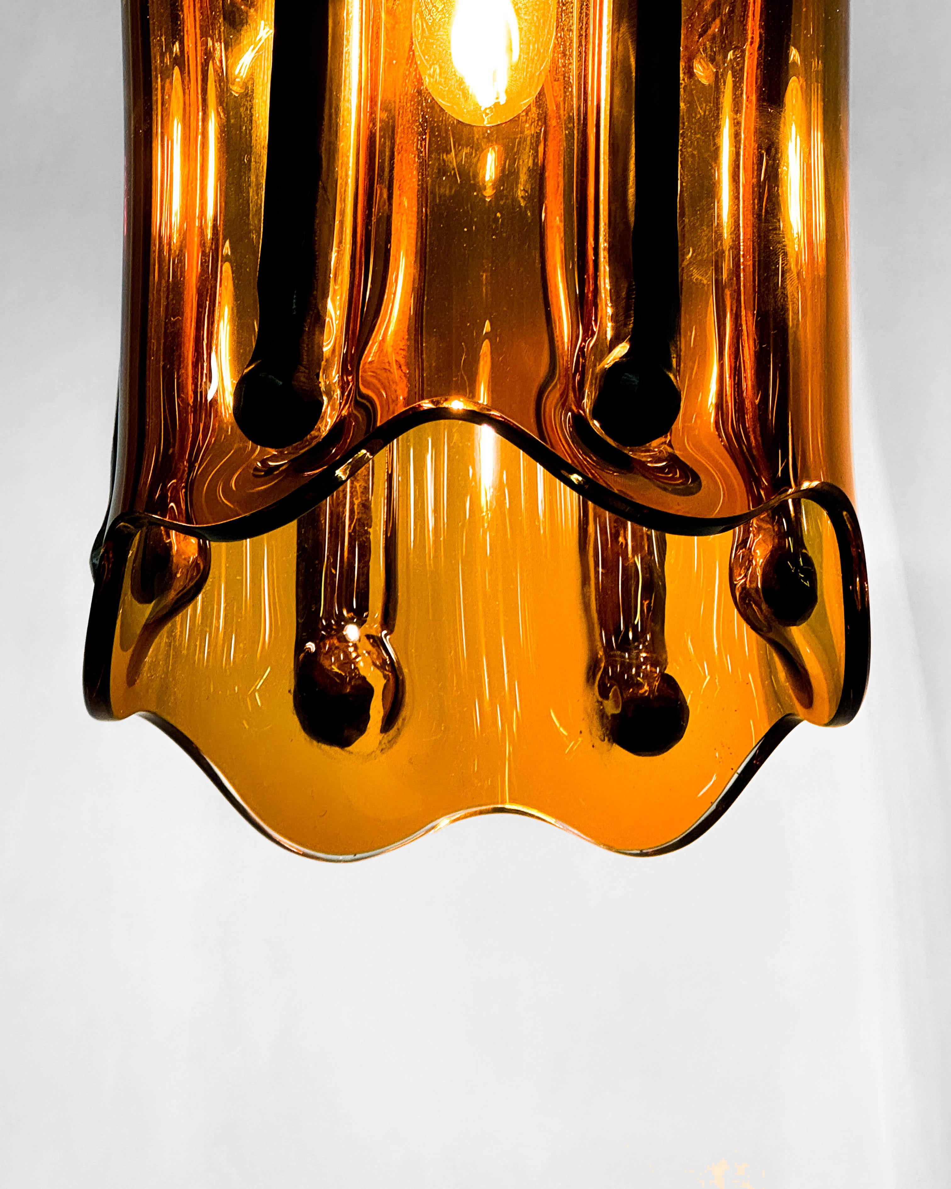 Modern Hanging Pendent Lantern Sculpture Contemporary Hand-Blown Glass Blackened Steel For Sale