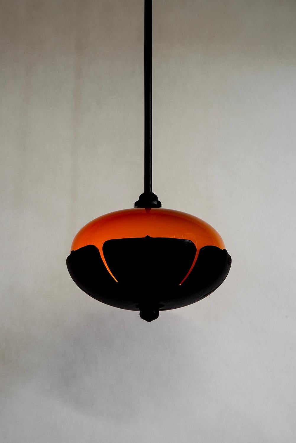 Modern Hanging Pendent Lantern Sculpture Contemporary Hand-Blown Glass Blackened Steel For Sale