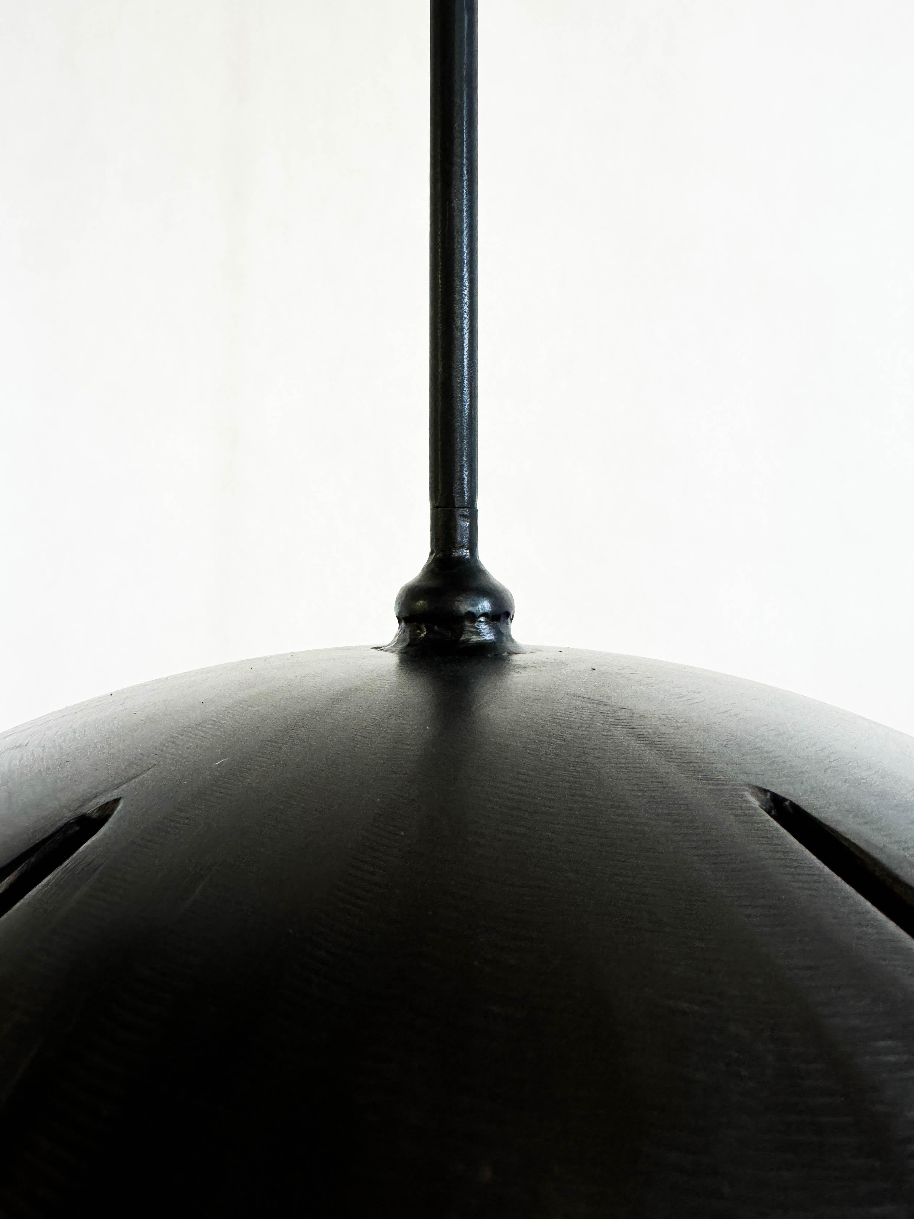 Modern Hanging Pendent Lantern Sculpture Contemporary Hand-Blown Glass Blackened Steel For Sale