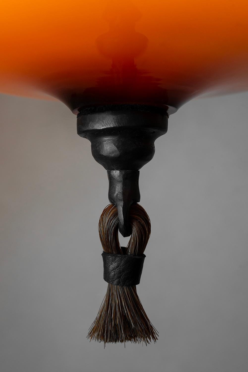 American Hanging Pendent Lantern Sculpture Contemporary Hand-Blown Glass Blackened Steel For Sale