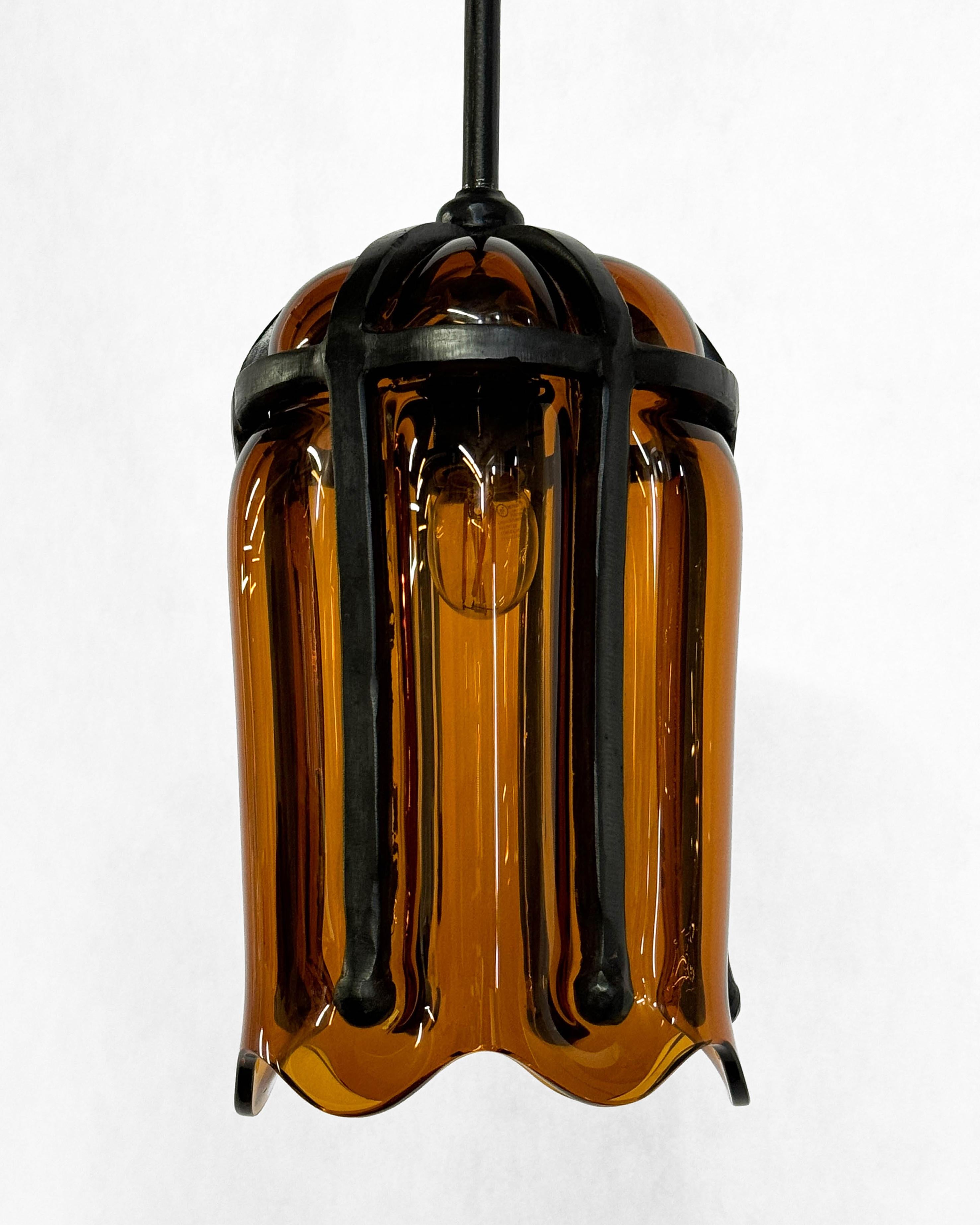 Hanging Pendent Lantern Sculpture Contemporary Hand-Blown Glass Blackened Steel In New Condition For Sale In Bronx, NY