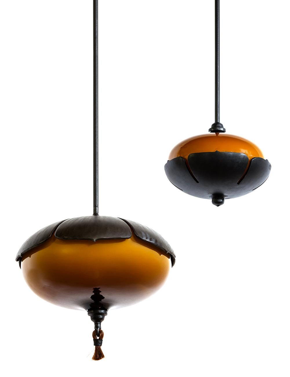 Hanging Pendent Lantern Sculpture Contemporary Hand-Blown Glass Blackened Steel For Sale 1