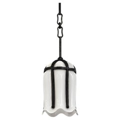 Hanging Pendent Lantern Sculpture Contemporary Hand-Blown Glass Blackened Steel