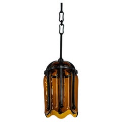 Hanging Pendent Lantern Sculpture Contemporary Hand-Blown Glass Blackened Steel