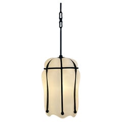 Hanging Pendent Lantern Sculpture Contemporary Hand-Blown Glass Blackened Steel