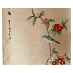 Showa Period Japanese Hanging Scroll, Hand-Painted Silk with Birds