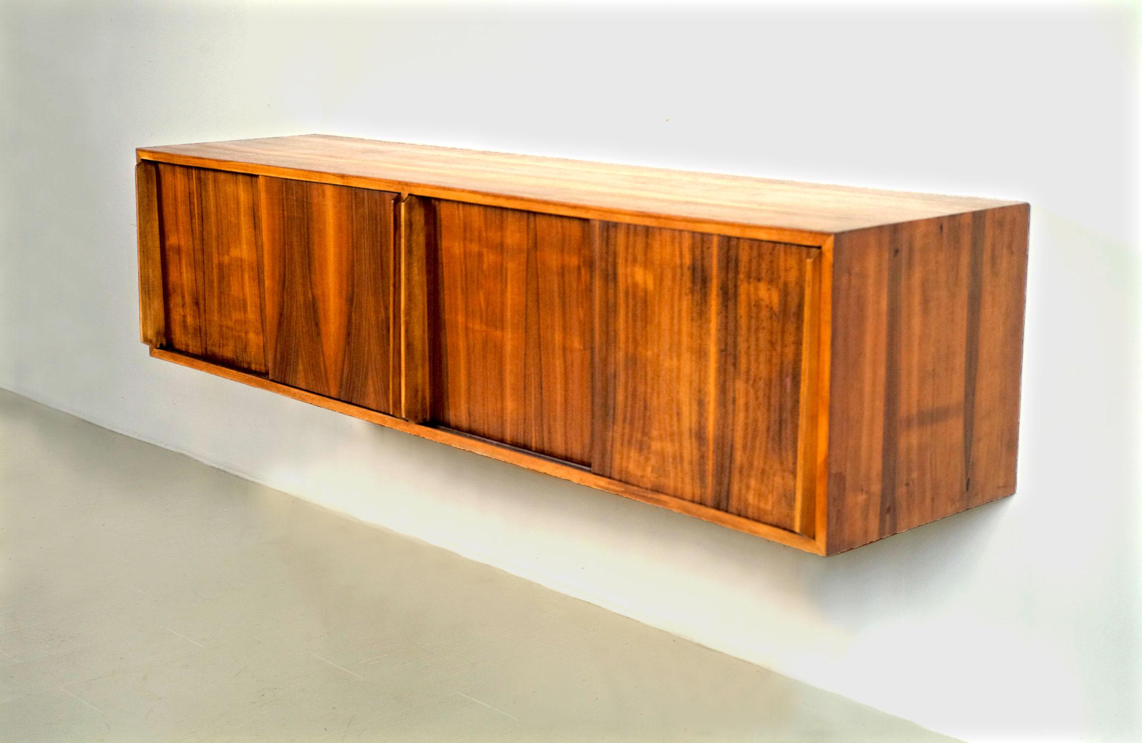 Walnut Hanging sideboard in flamed walnut, Italy 1955 For Sale