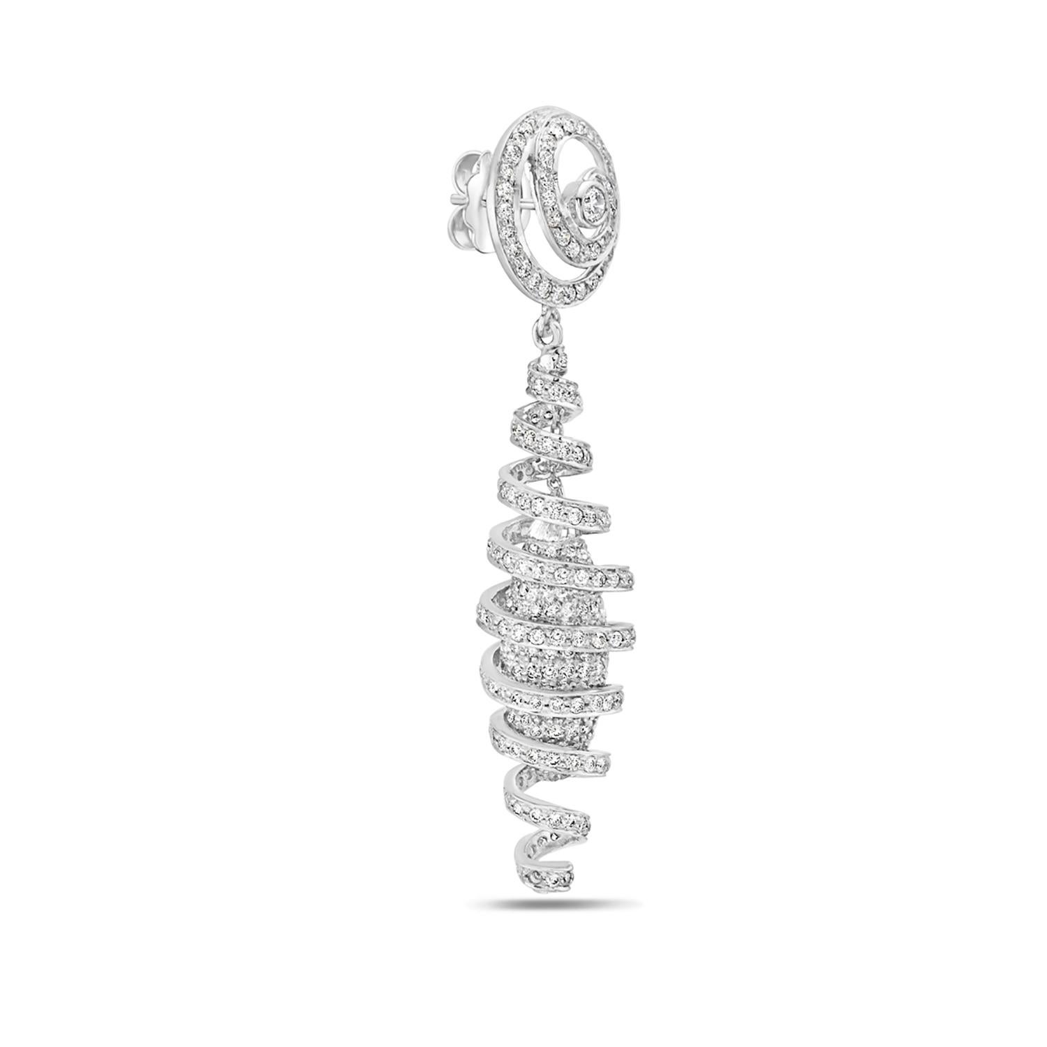 Artisan Spiral Shaped Earrings with Pave Halo Diamonds Made in 18k White Gold For Sale