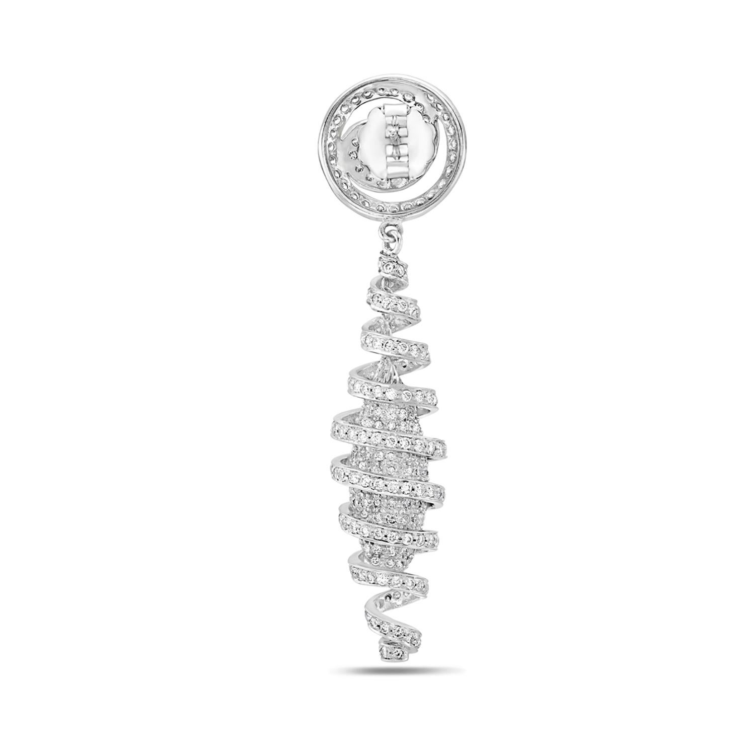 Mixed Cut Spiral Shaped Earrings with Pave Halo Diamonds Made in 18k White Gold For Sale