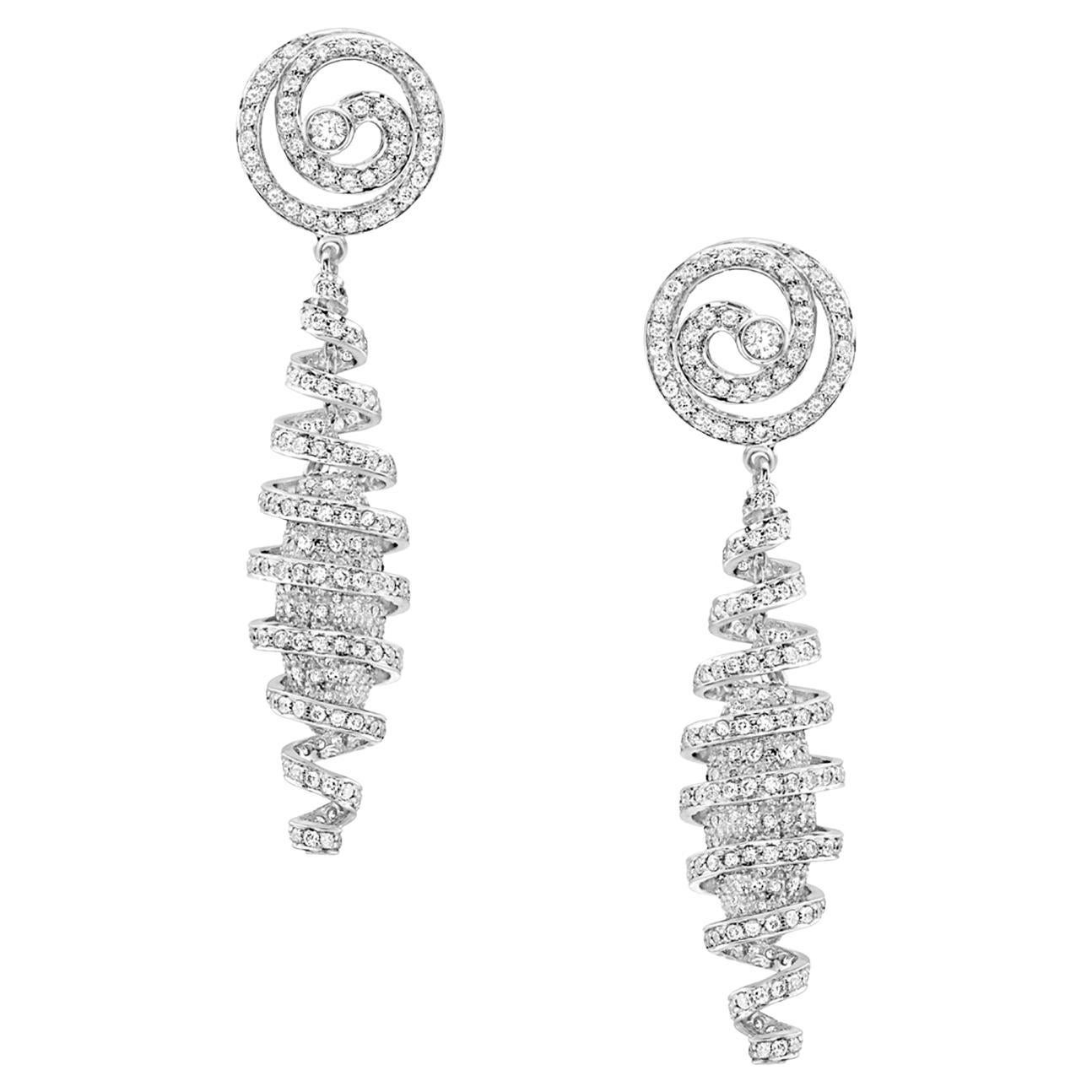 Spiral Shaped Earrings with Pave Halo Diamonds Made in 18k White Gold For Sale