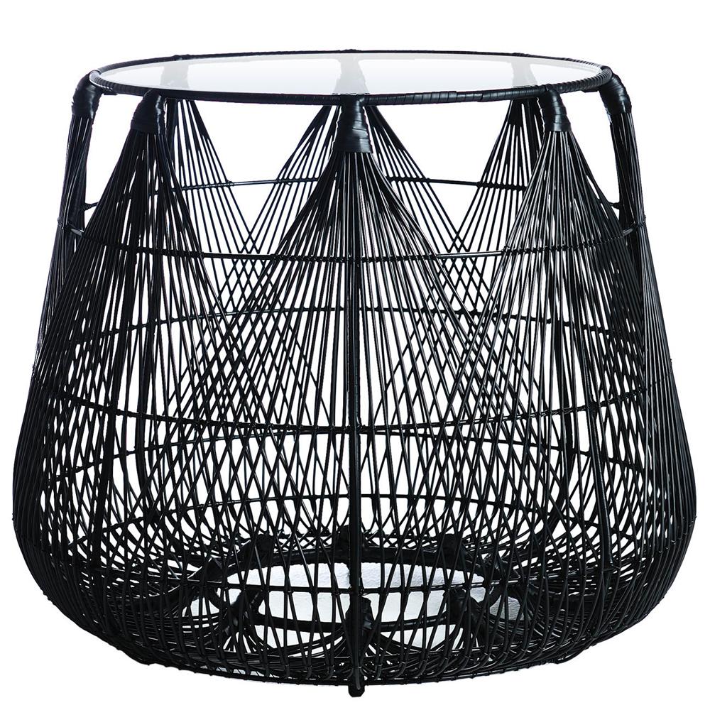 Side table hanging top in black finish with 
steel structure and polyethylene braided.
With clear glass top. For indoor-outdoor use.
Also available in white finish.
Also available in Hanging top coffee table.
lead time production if on stock