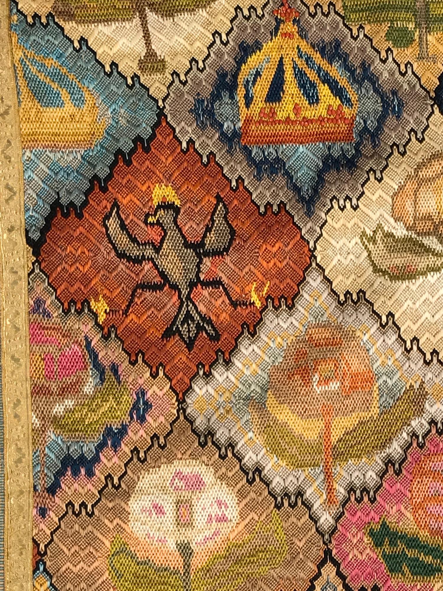 Renaissance Revival Hanging Wall Cover Bargello Florence Needlework Armorial Floral Gold Braid Fring