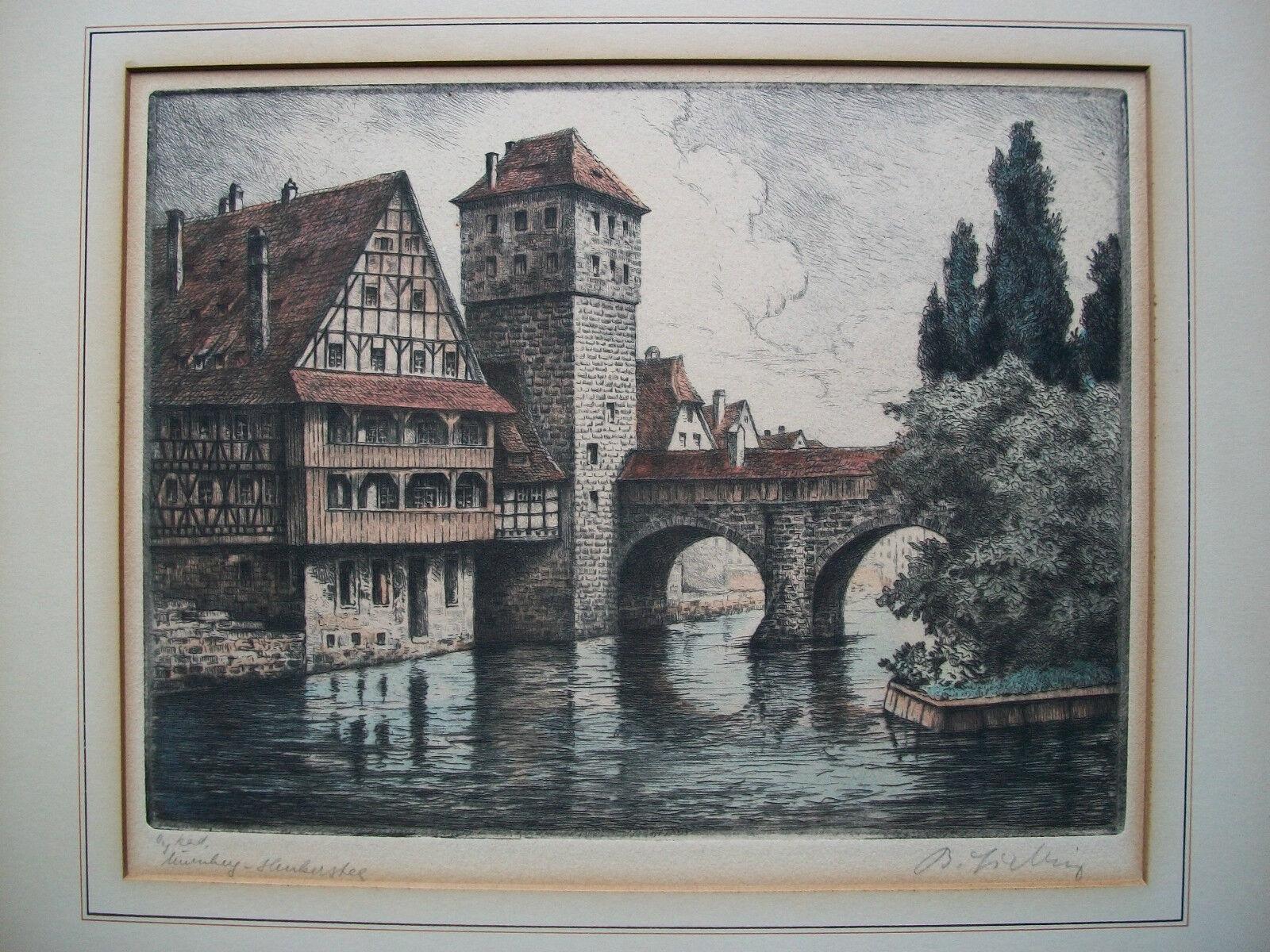 Hangman's Bridge (Henkersteg), Nuremberg, Bavaria, Germany - Antique fine art hand colored engraving on heavy cream paper - architectural view - indistinctly signed by the artist lower right - indistinctly titled in pencil lower left corner - circa