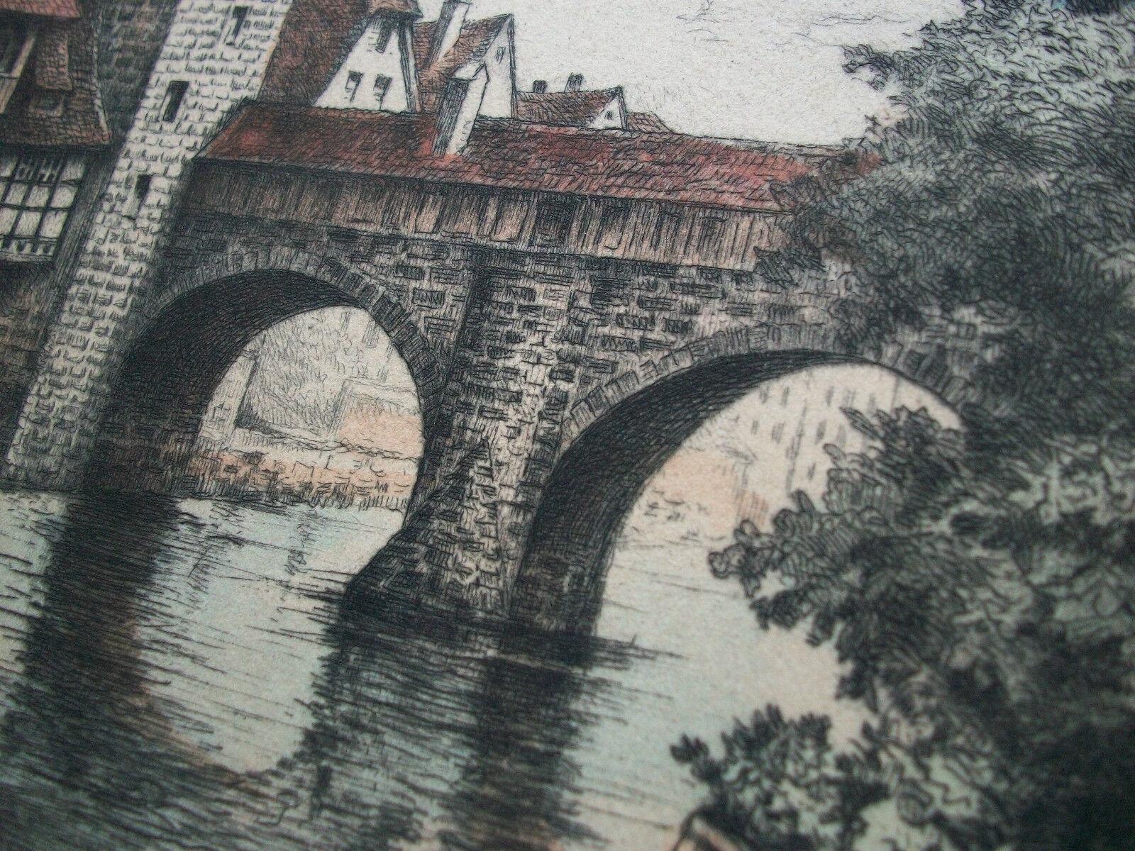 Hangman's Bridge - Hand Colored Fine Art Engraving - Germany - Circa 1900 In Good Condition For Sale In Chatham, ON