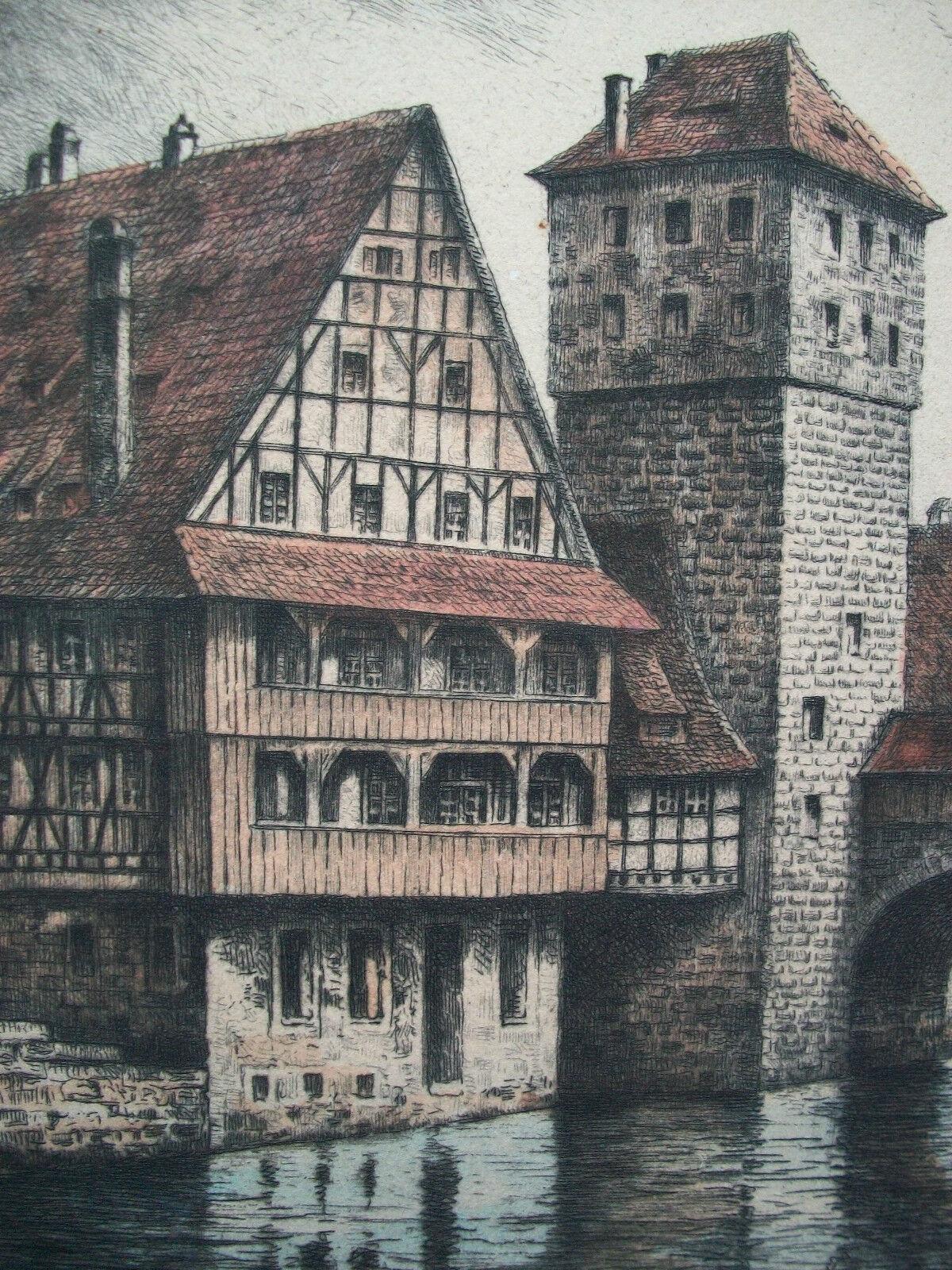 19th Century Hangman's Bridge - Hand Colored Fine Art Engraving - Germany - Circa 1900 For Sale