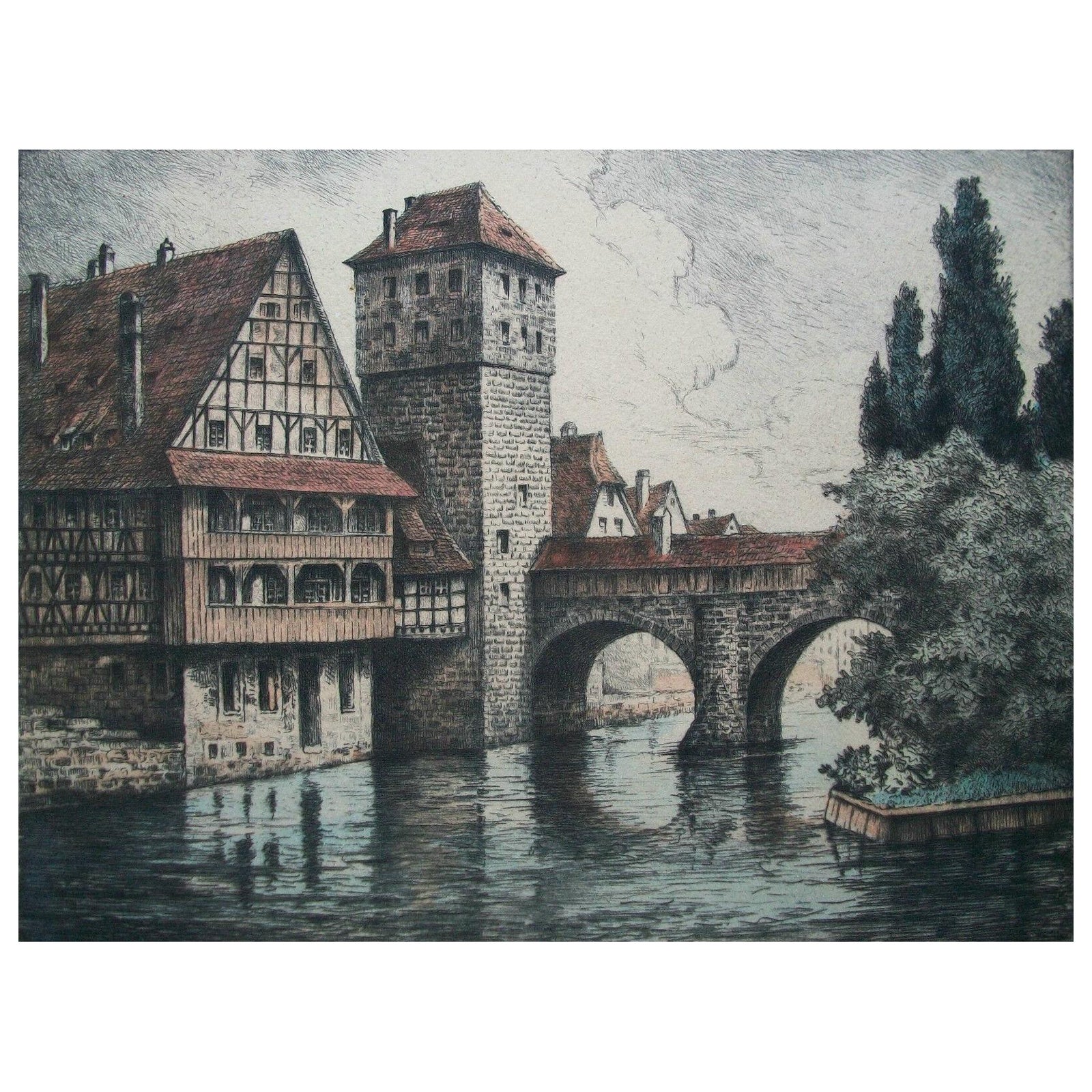 Hangman's Bridge – handkolorierte, farbige Kunststiche Gravur – Deutschland – um 1900 im Angebot