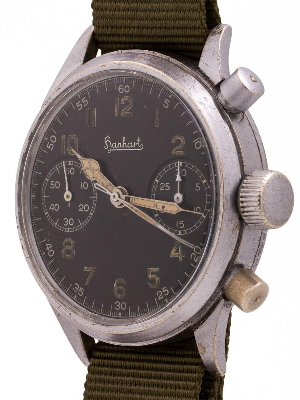 
World War II era Hanhart flyback chronograph. These watches were worn mainly by the German Luftwaffe pilots. The base metal case is a large 41mm’s, with large crown and pump pushers. This watch also features the fixed bezel, in contrast with the