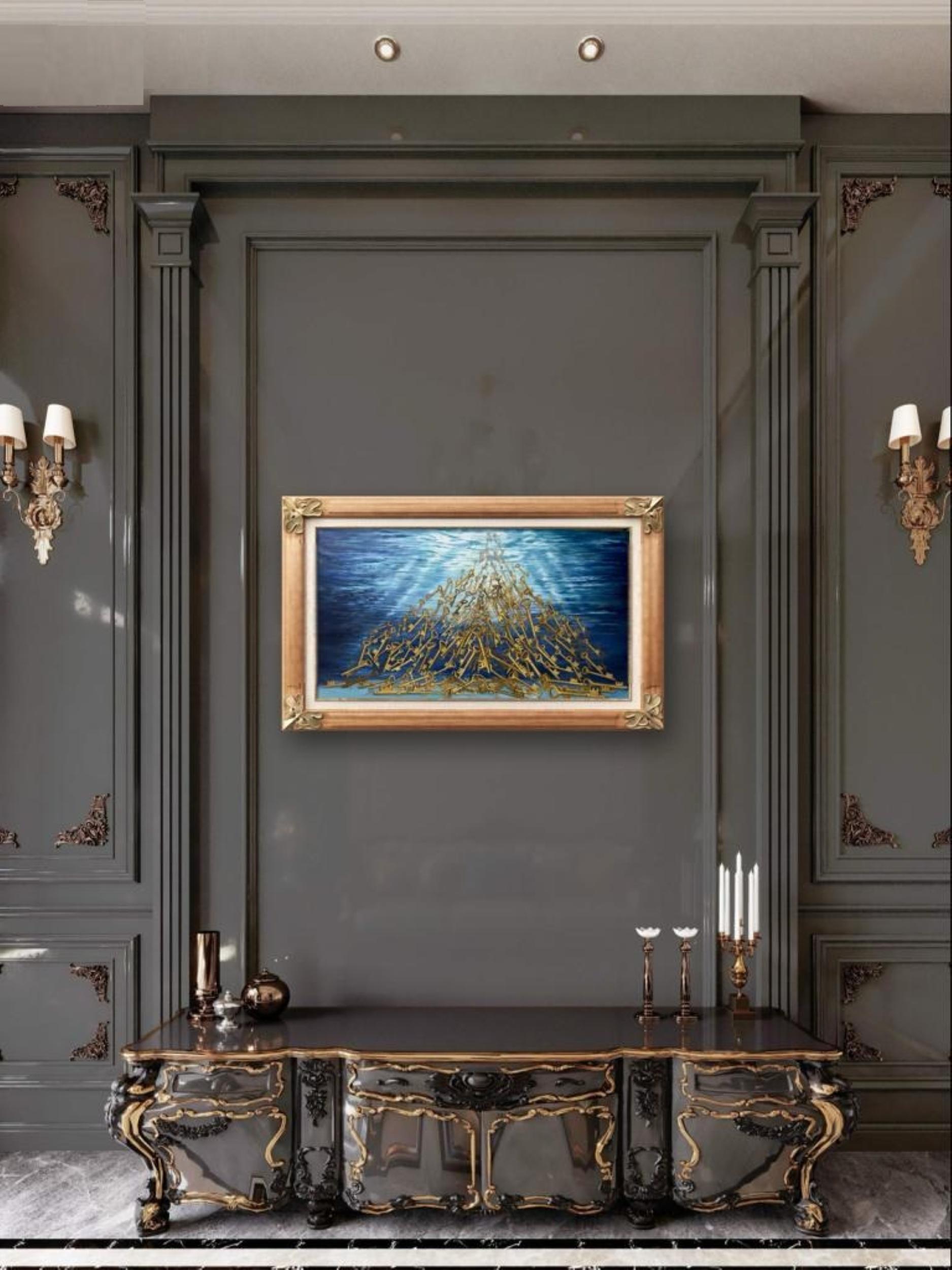 the Ticking Sound Under The Ocean ist Öl auf Leinwand von Hani Naji aus seiner Serie Objects and Preselection.  Hani Naji versucht, durch die Wiederholung von Objekten, die Elemente und Symbole sind, Themen und Bedeutung mit Hilfe des Surrealismus