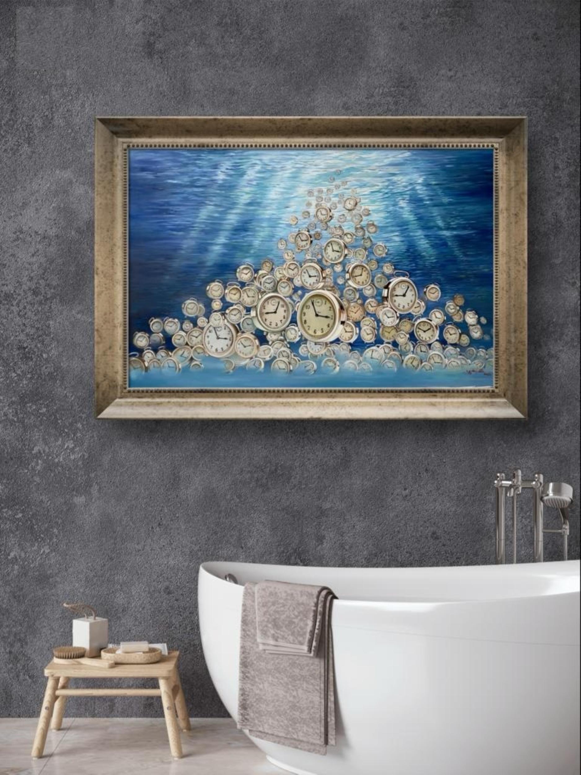 the Ticking Sound Under The Ocean ist Öl auf Leinwand von Hani Naji aus seiner Serie Objects and Preselection.  Hani Naji versucht, durch die Wiederholung von Objekten, die Elemente und Symbole sind, Themen und Bedeutung mit Hilfe des Surrealismus