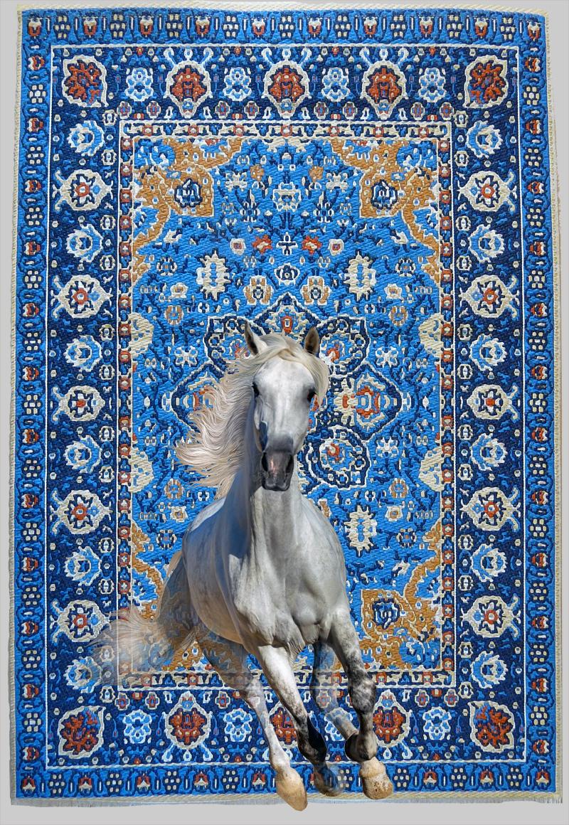 HANI NAJI Abstract Painting - White Horse Morphing from Blue Tapestry 