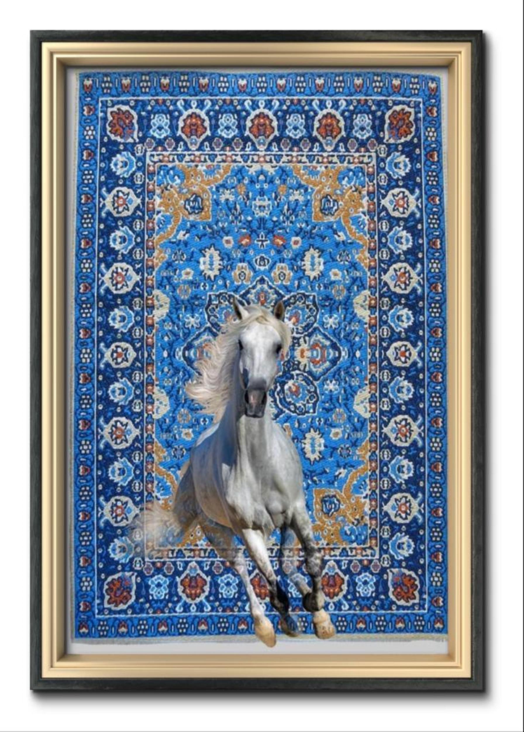 HANI NAJI Animal Painting - White Horse Morphing from Blue Tapestry 