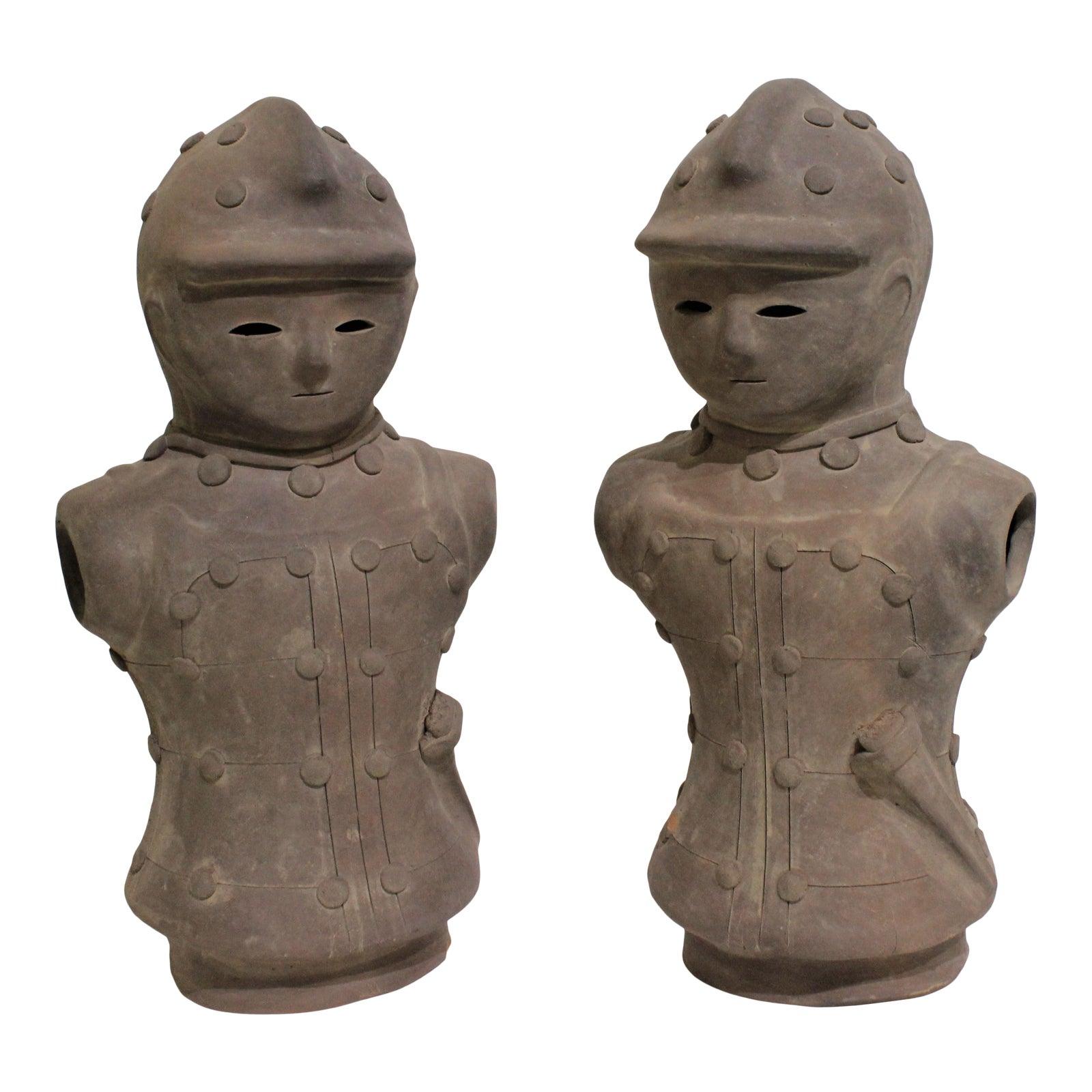 Haniwa Style Figures Unglazed Terracotta, a Set of Two