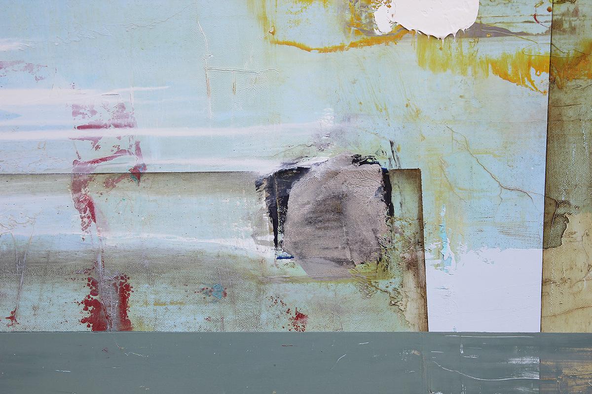 Pittura astratta a tecnica mista di colore bianco, rosa, verde e blu 